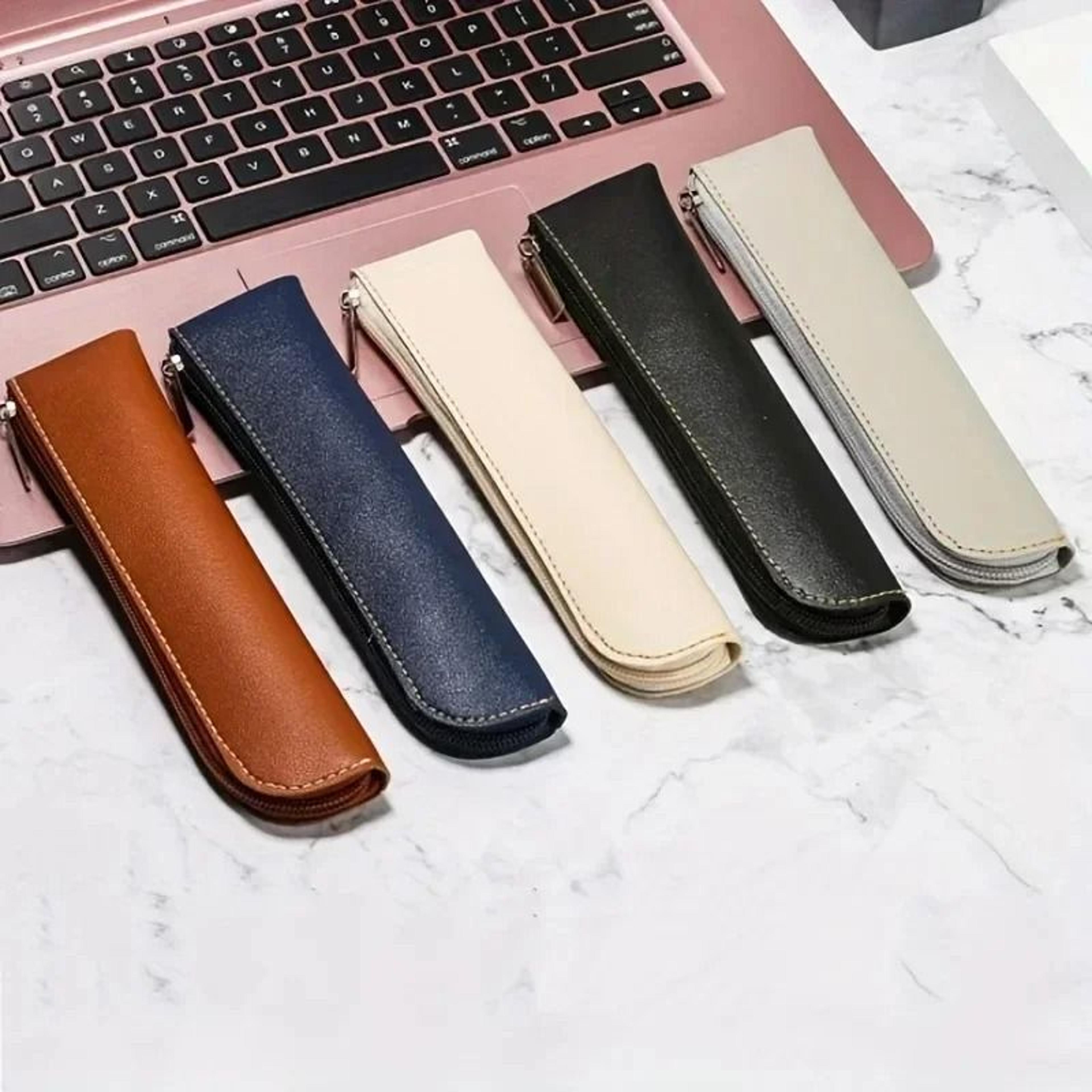 leather pencil bag with simple zipper & fountain pen storage pouch