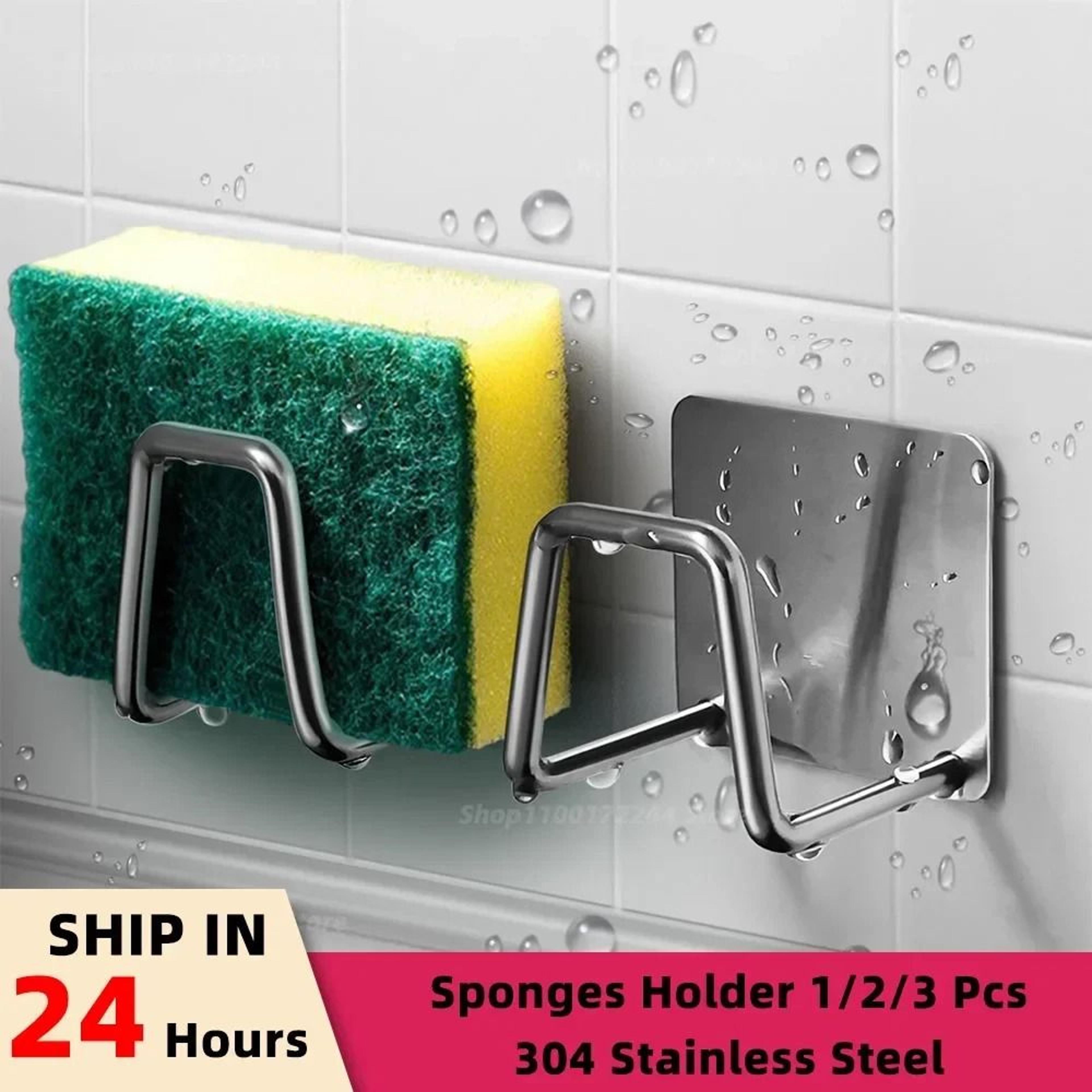 self-adhesive stainless steel kitchen sink sponge holder & drain drying rack