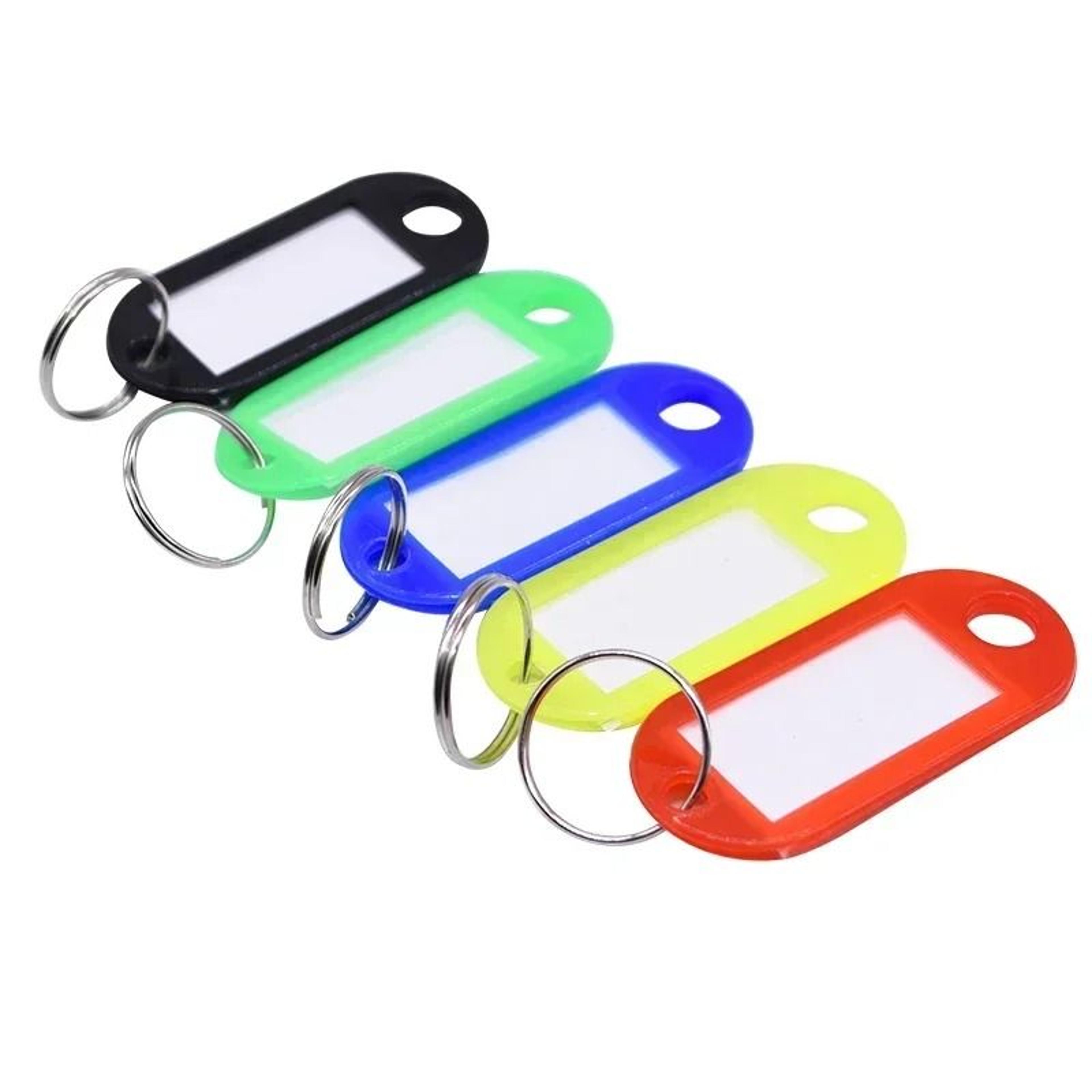 colorful plastic key tags with id window, name labels & split rings