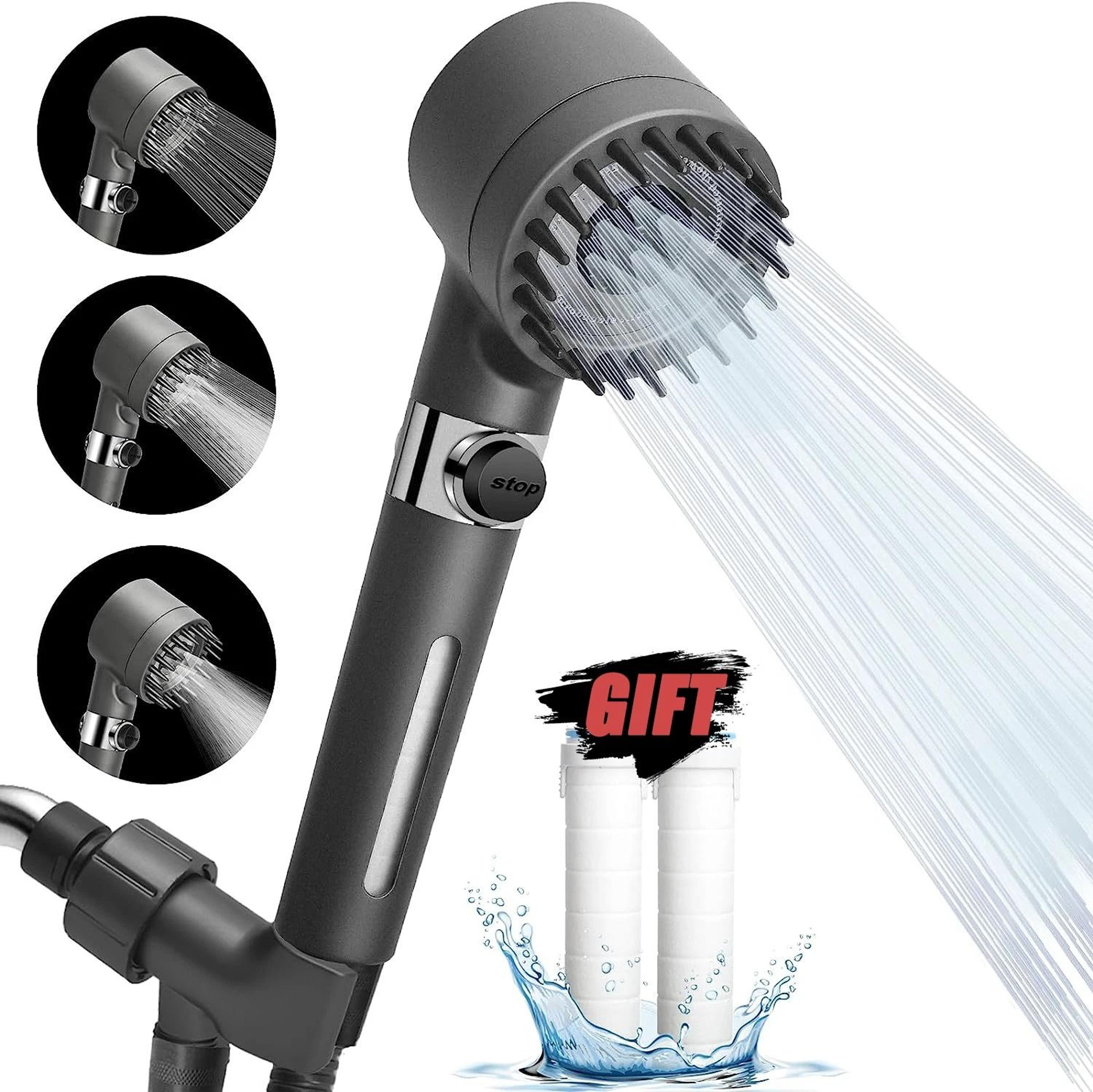 high-pressure 3-mode adjustable shower head with silicone scalp massage brush & water filter