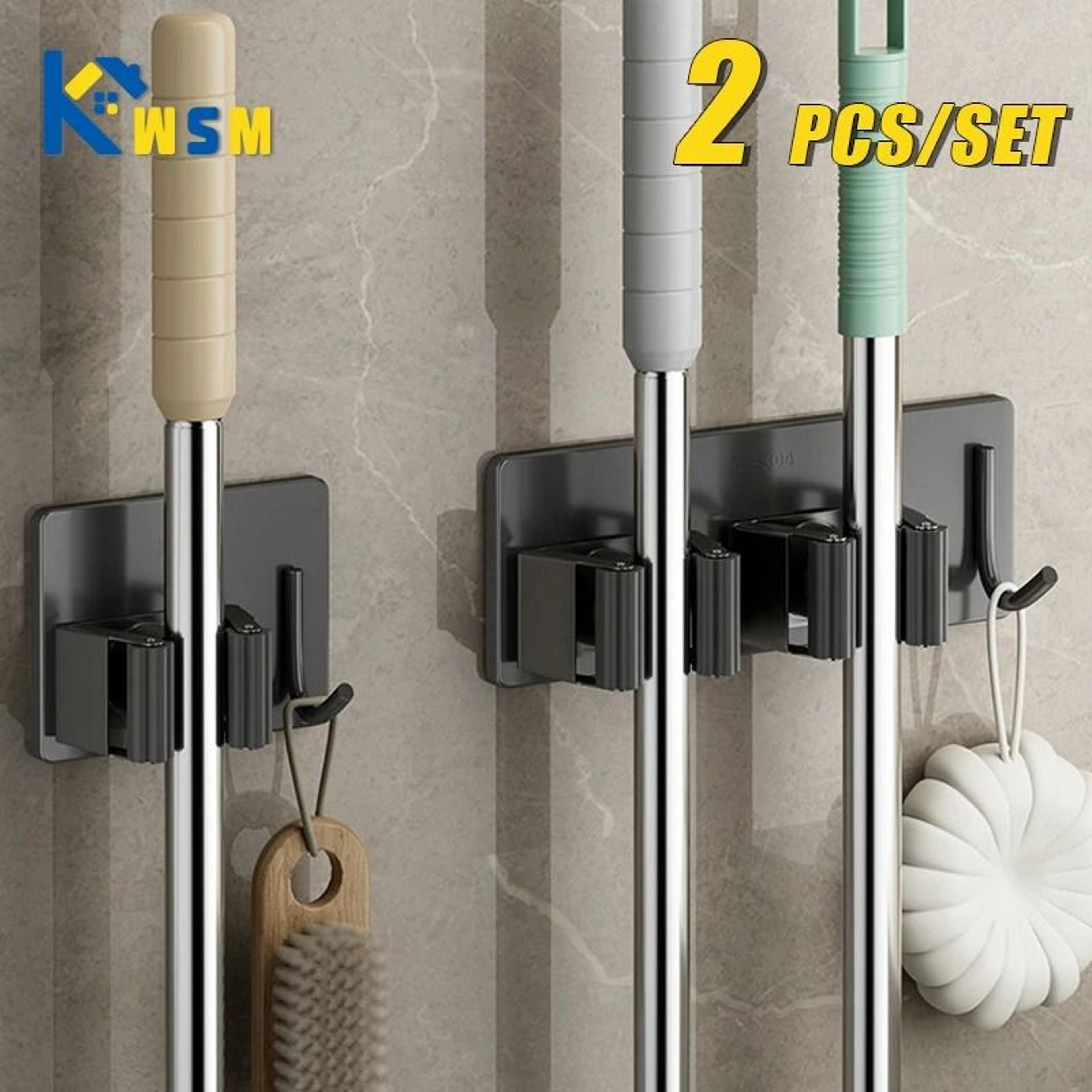 stainless steel wall-mounted mop & broom storage rack - nail-free waterproof organizer hook
