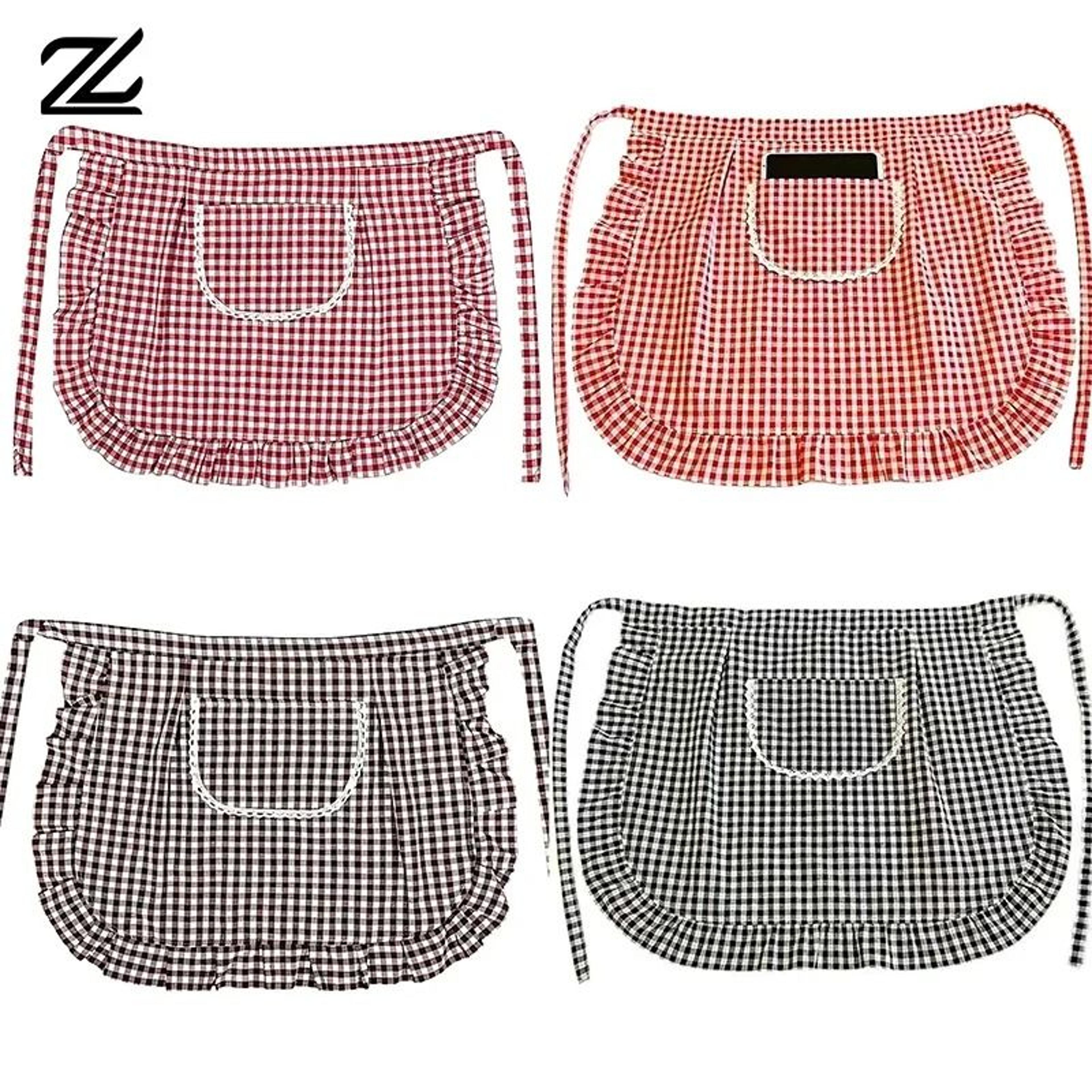 lace plaid half-waist apron with pocket (cotton material)