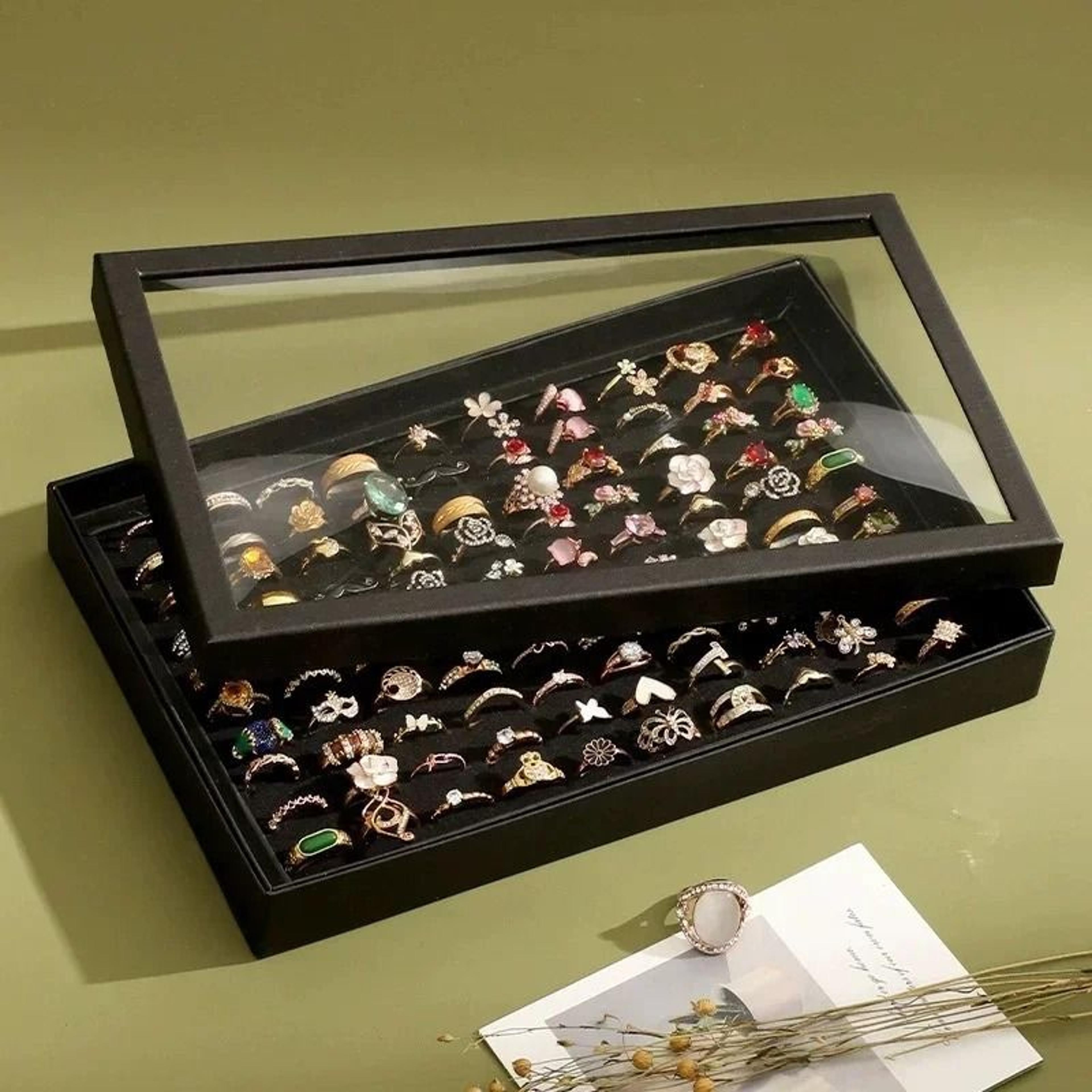 100-hole ring display box (counter jewelry organizer with transparent dust-proof lid)