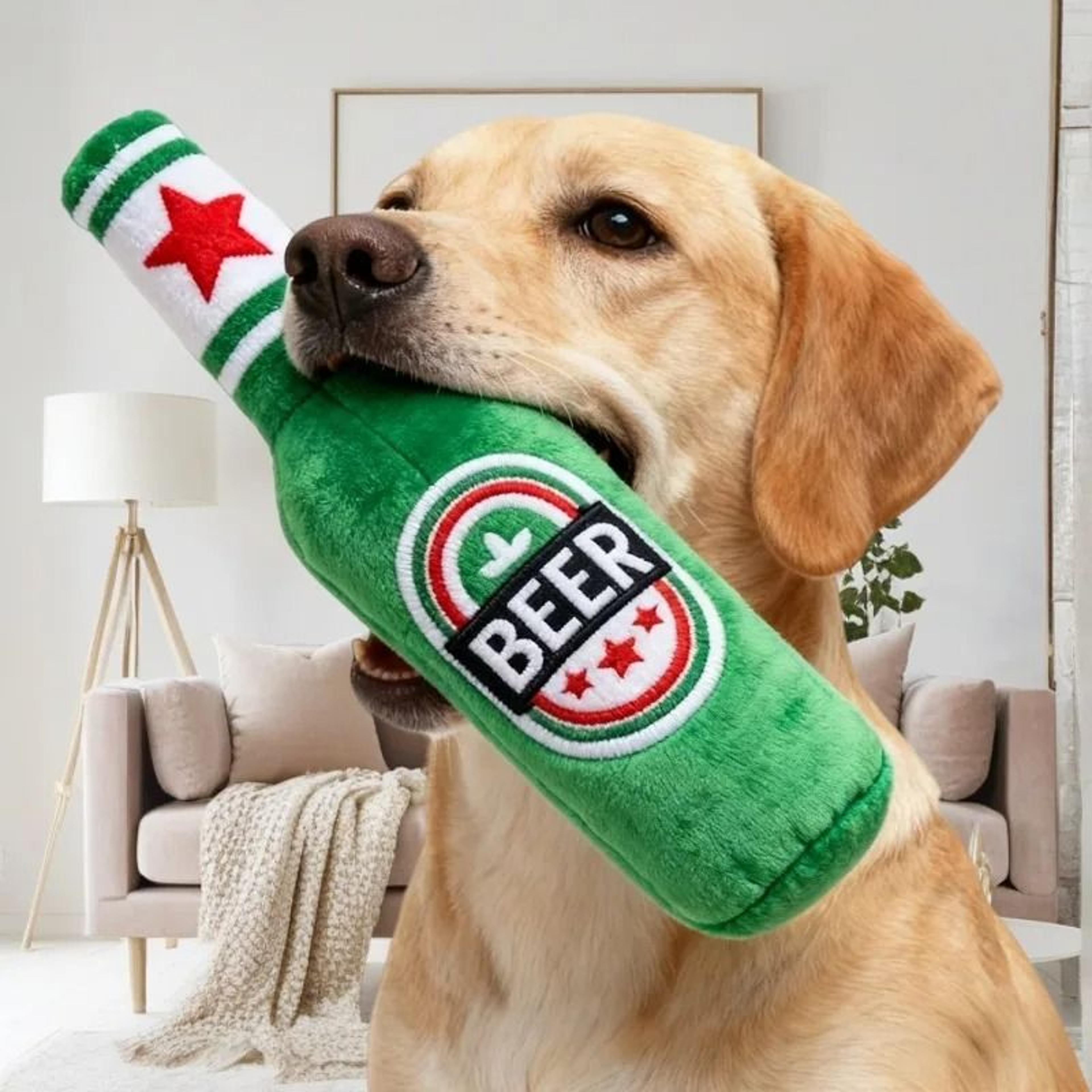 funny simulation beer bottle plush squeaky dog toy