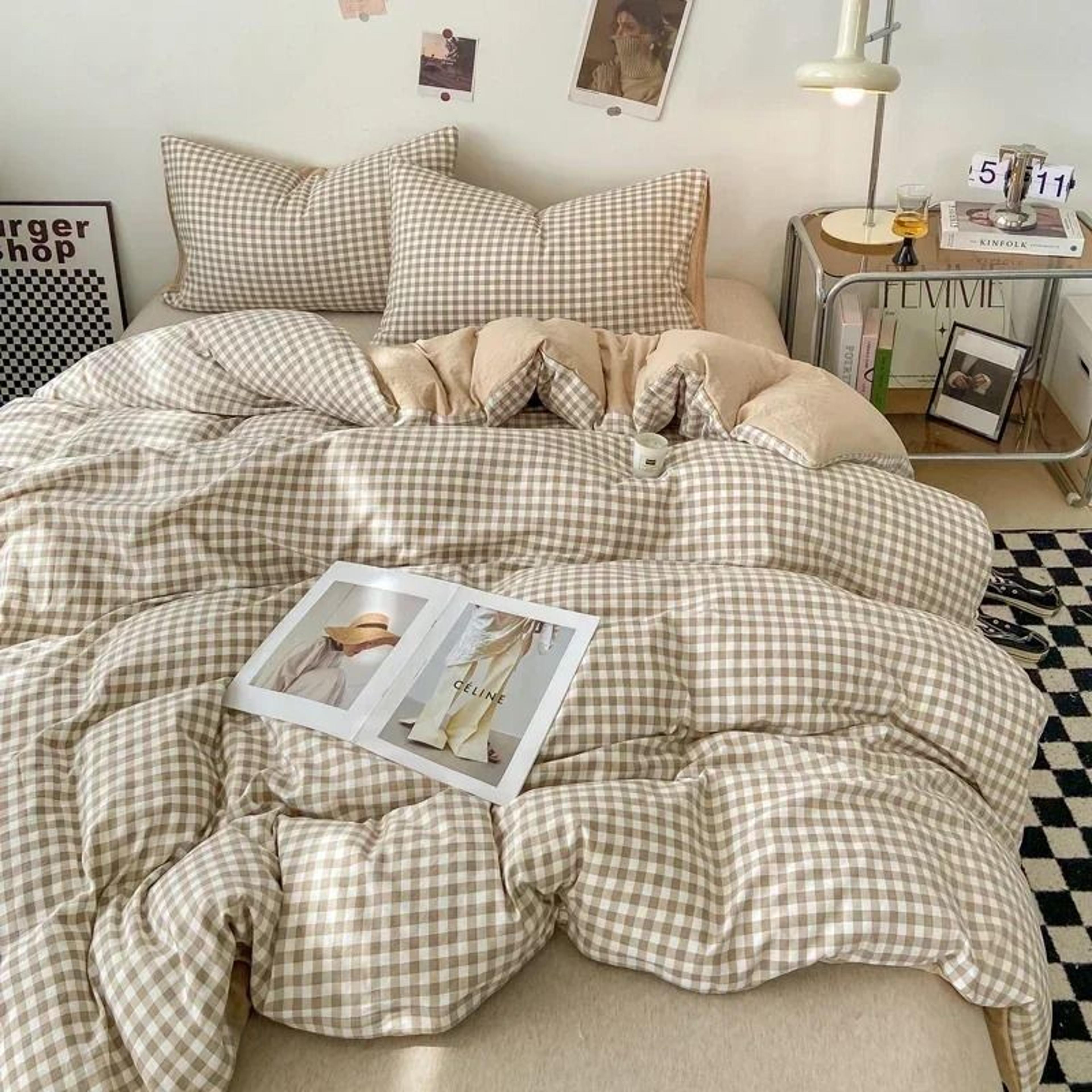 japanese style checked washed cotton duvet cover set (soft plaid quilt cover with matching pillowcases)