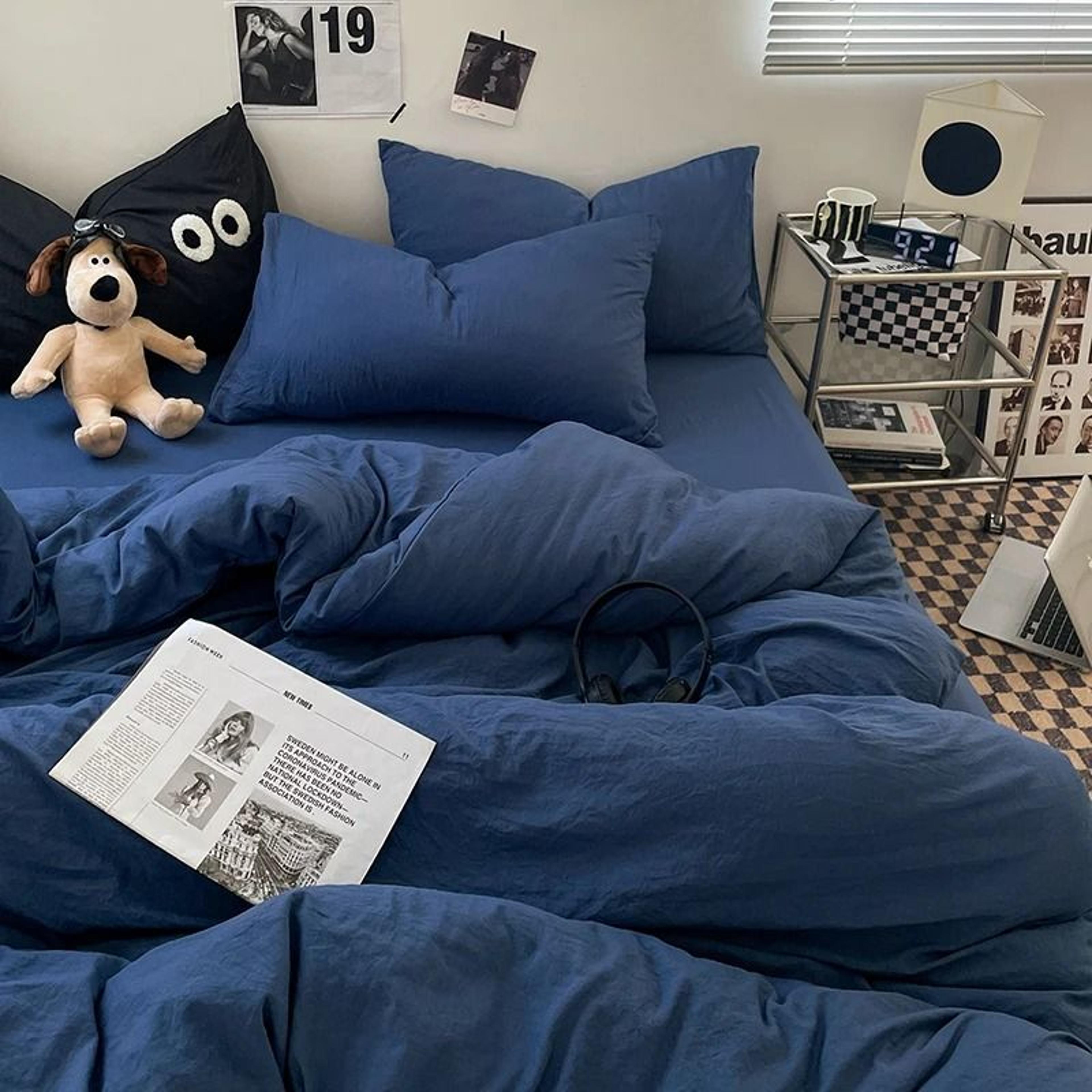 solid blue washed cotton duvet cover (soft breathable quilt cover for girls & boys bedrooms)