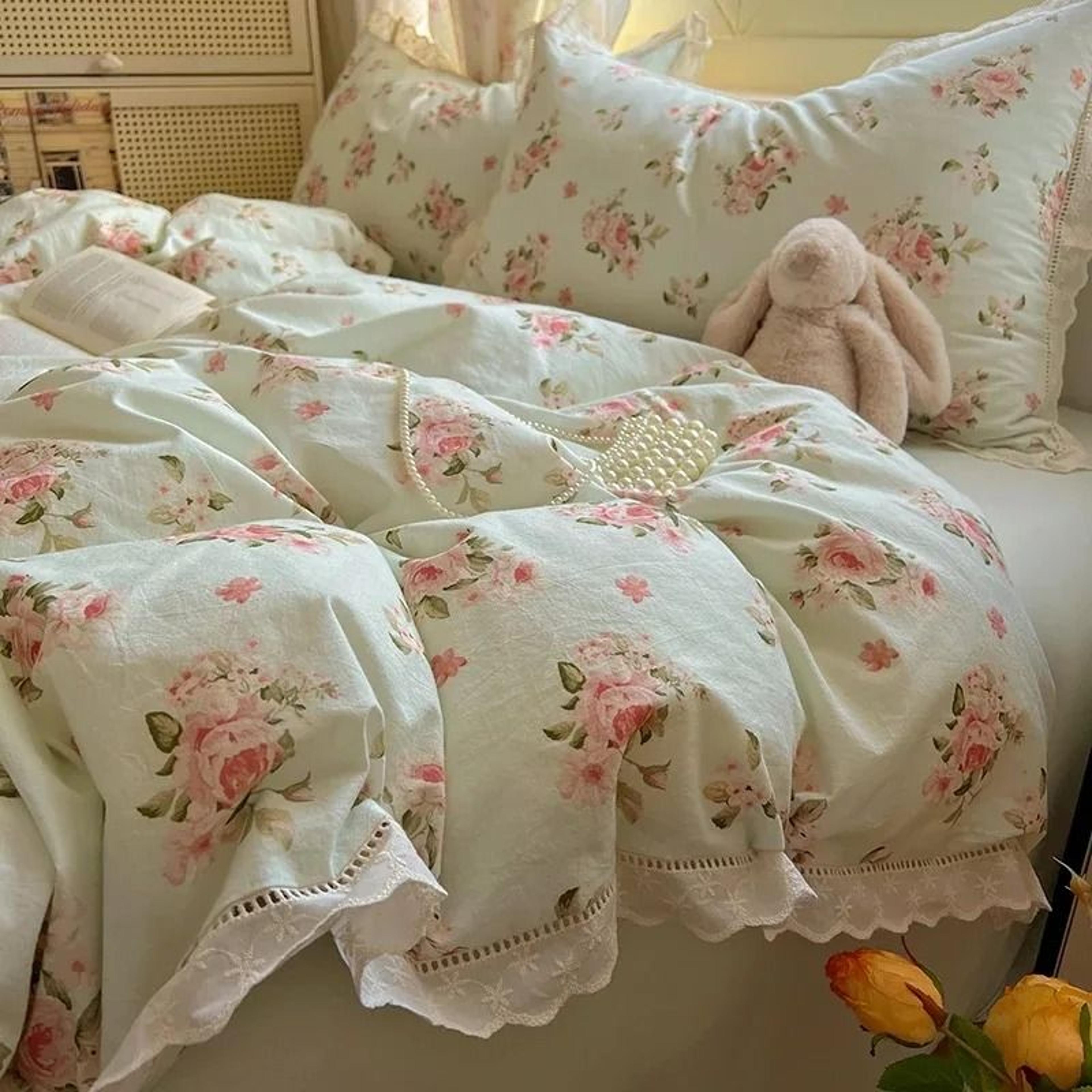 princess style washed cotton floral duvet cover set with lace trim (romantic floral bedding set)