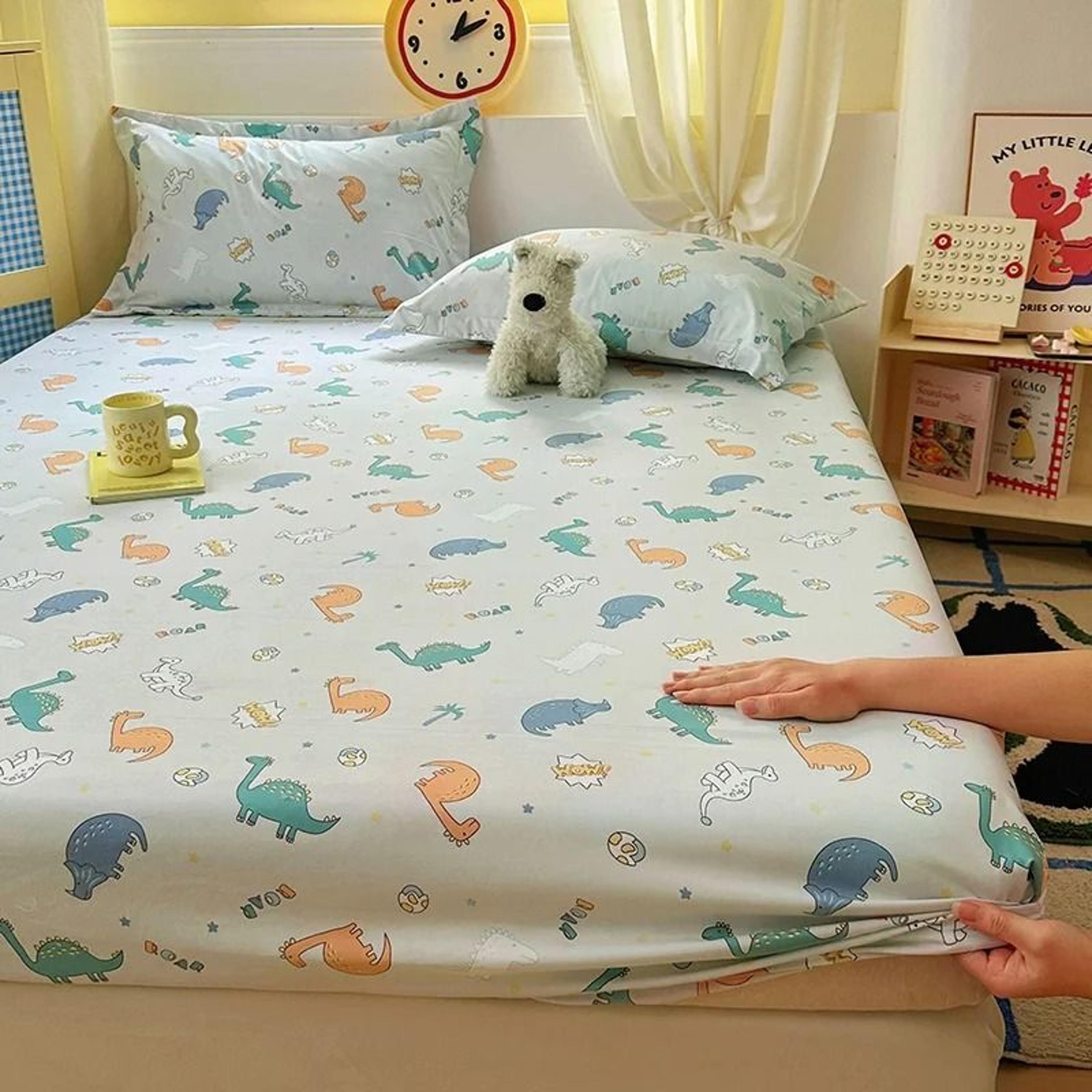 cartoon dinosaur printed fitted sheet (kawaii animal & leaf mattress cover for boys & girls)