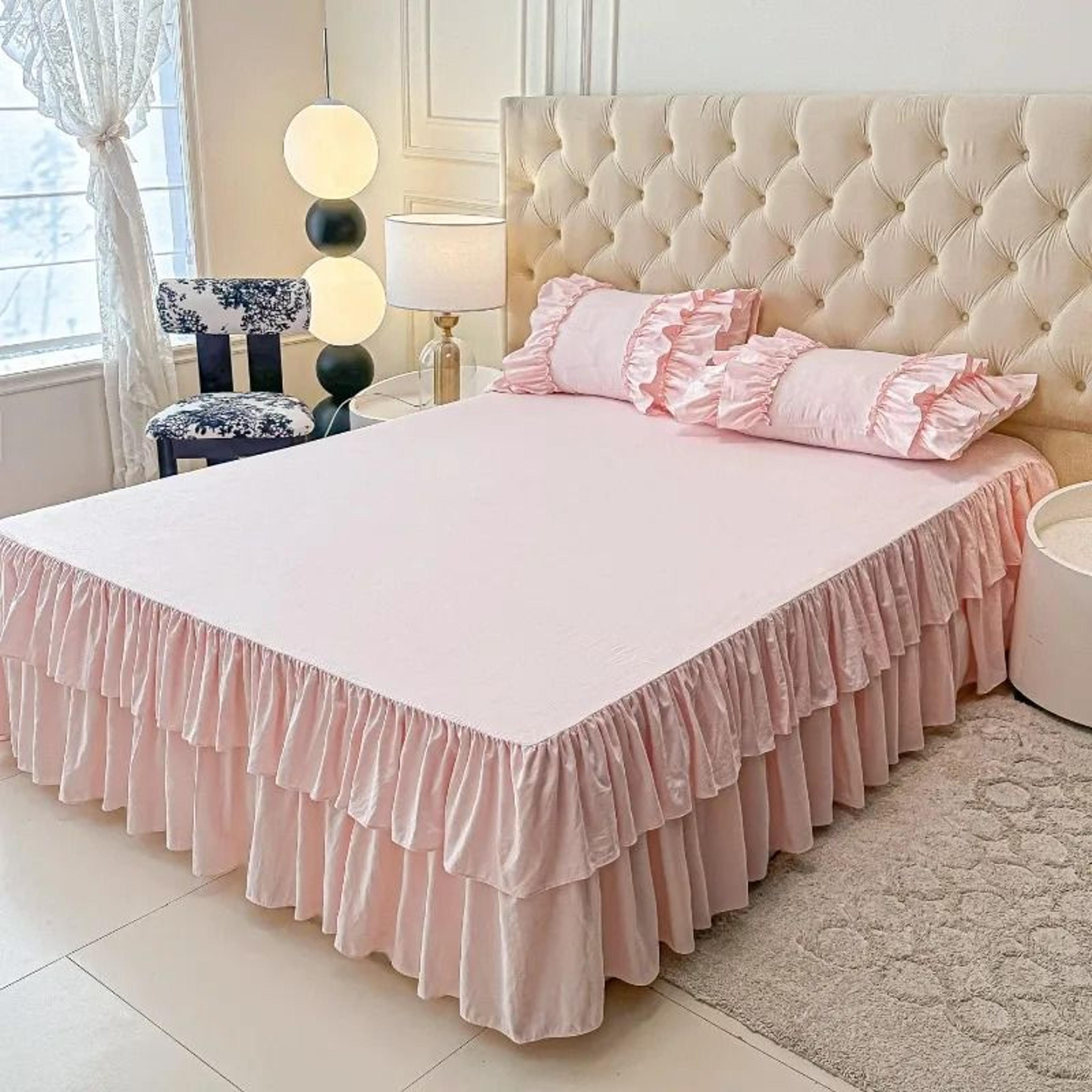 double layer ruffled solid color bed skirt (princess bedroom non-slip mattress cover & bedspread)
