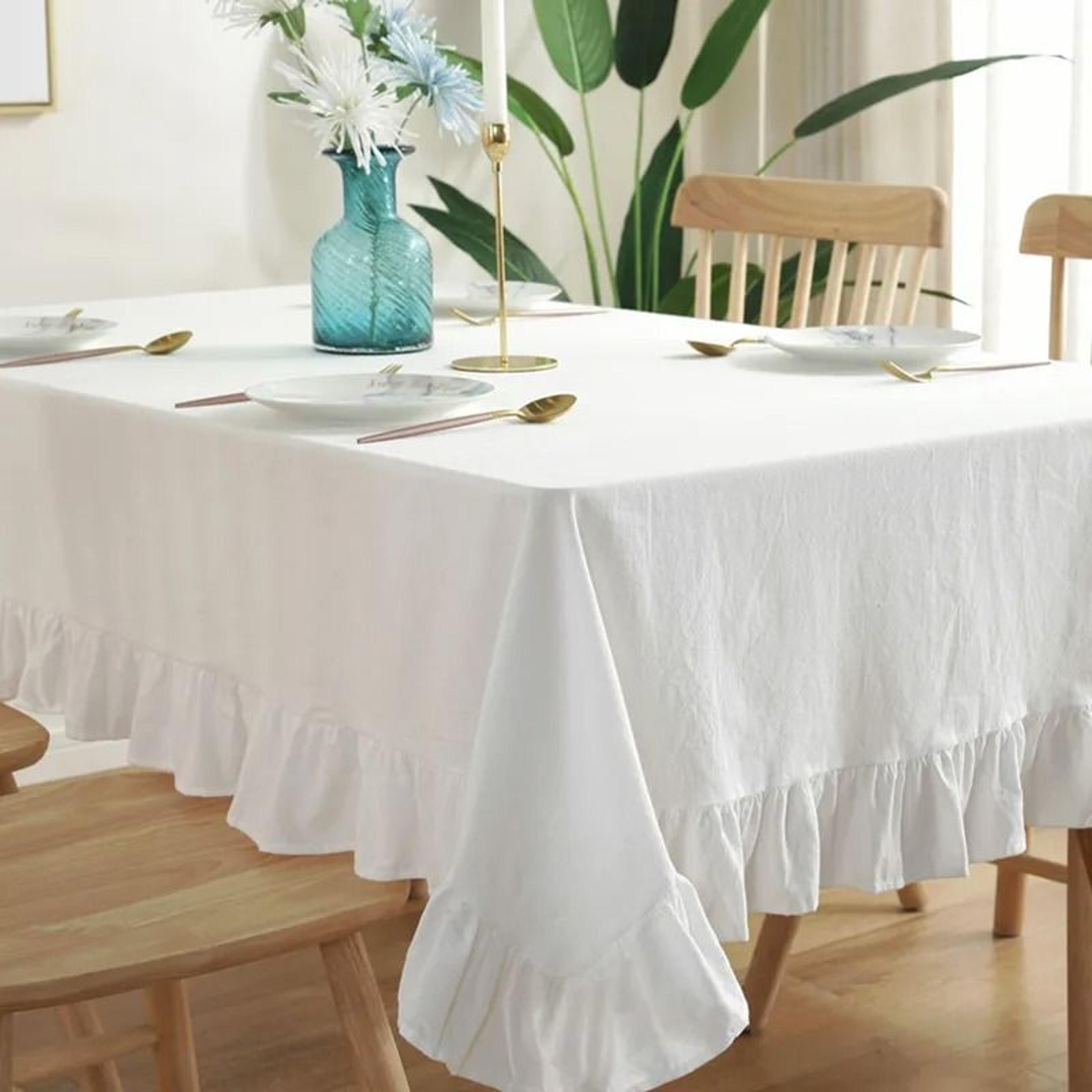 vintage white ruffle trim tablecloth (washable boho table cover for weddings, bridal & baby showers)