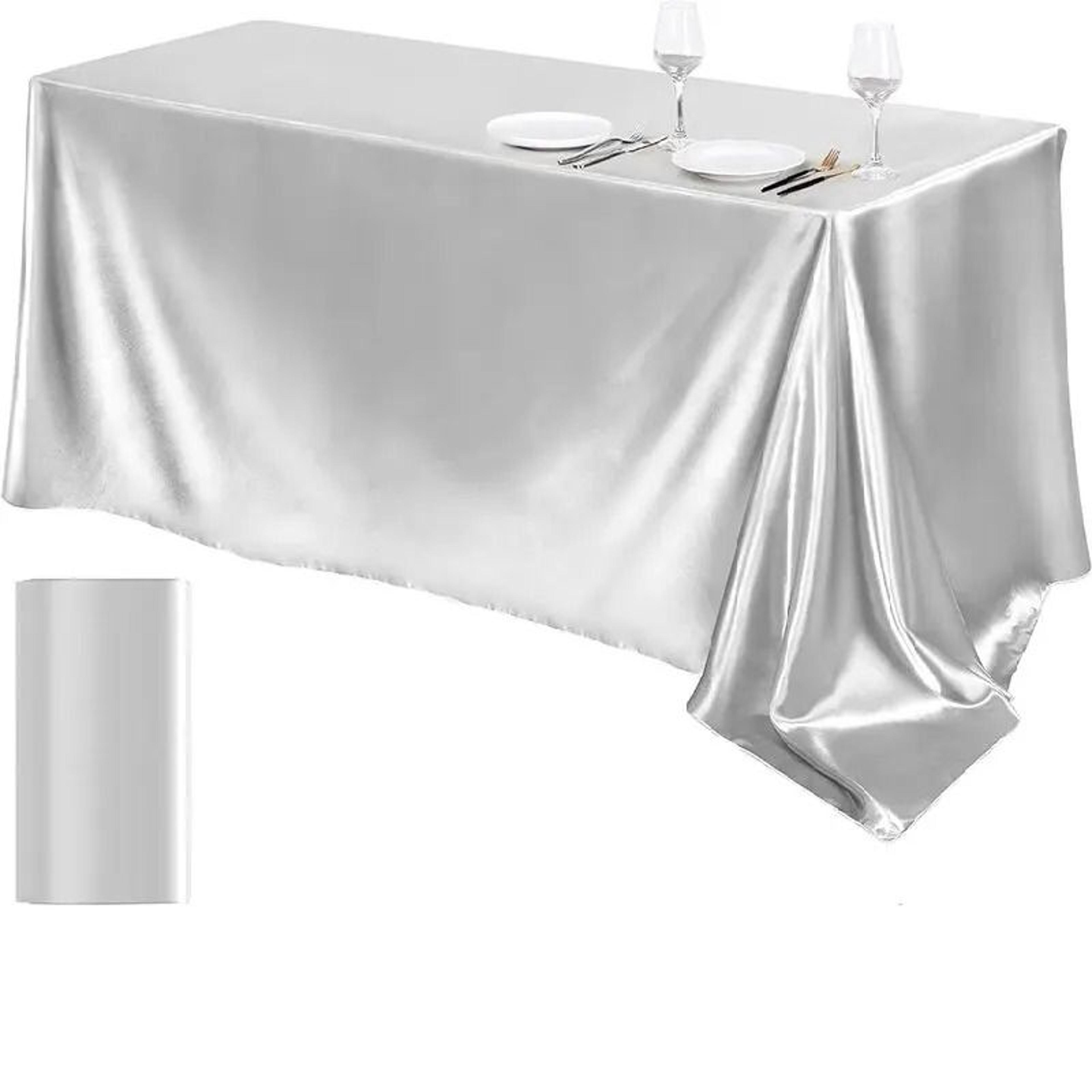 silver satin rectangle tablecloth (lustrous silk-smooth table cover for christmas, weddings & party banquets)