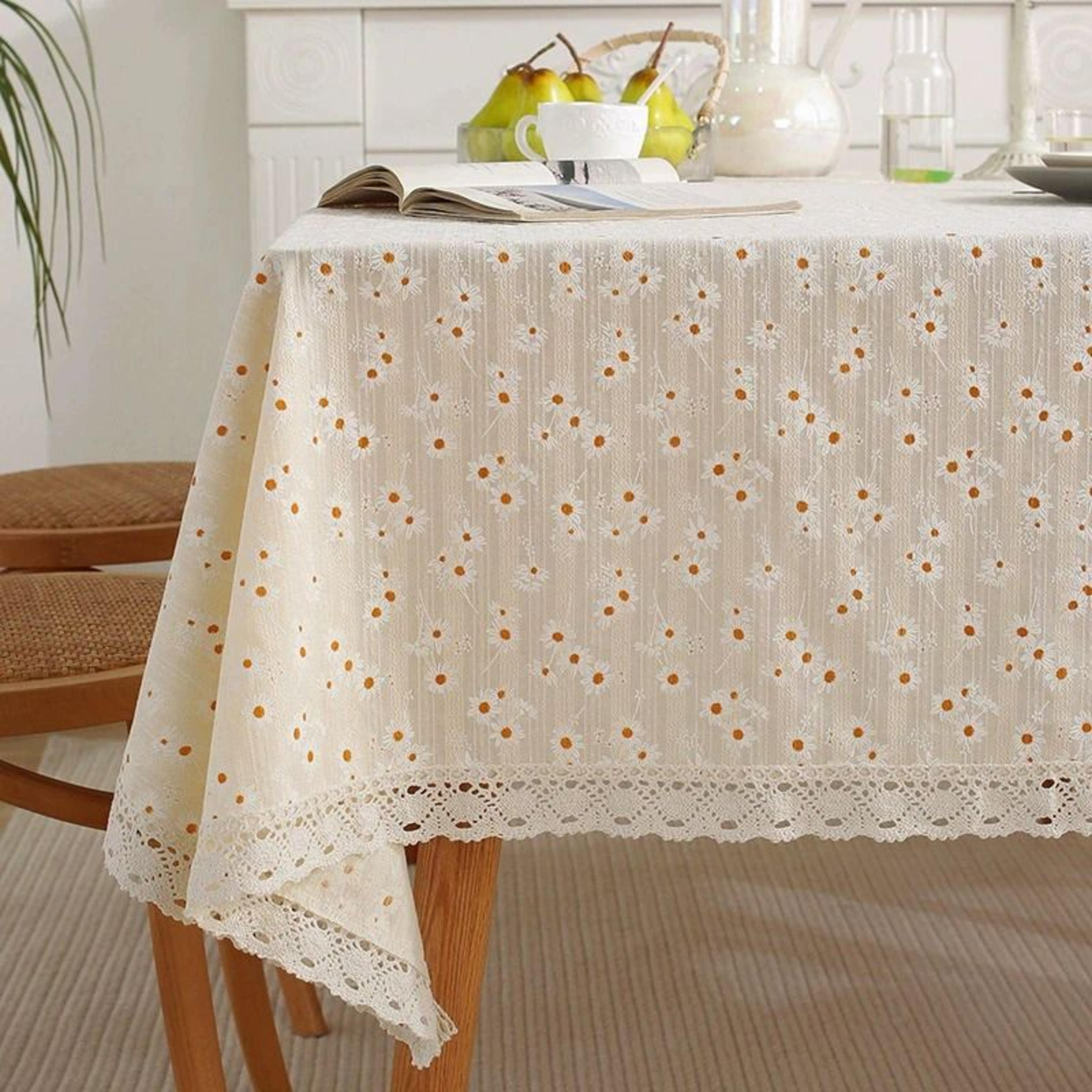 beige daisy lace tassels cotton tablecloth (rustic boho rectangle table cover for tea tables, kitchen & weddings)