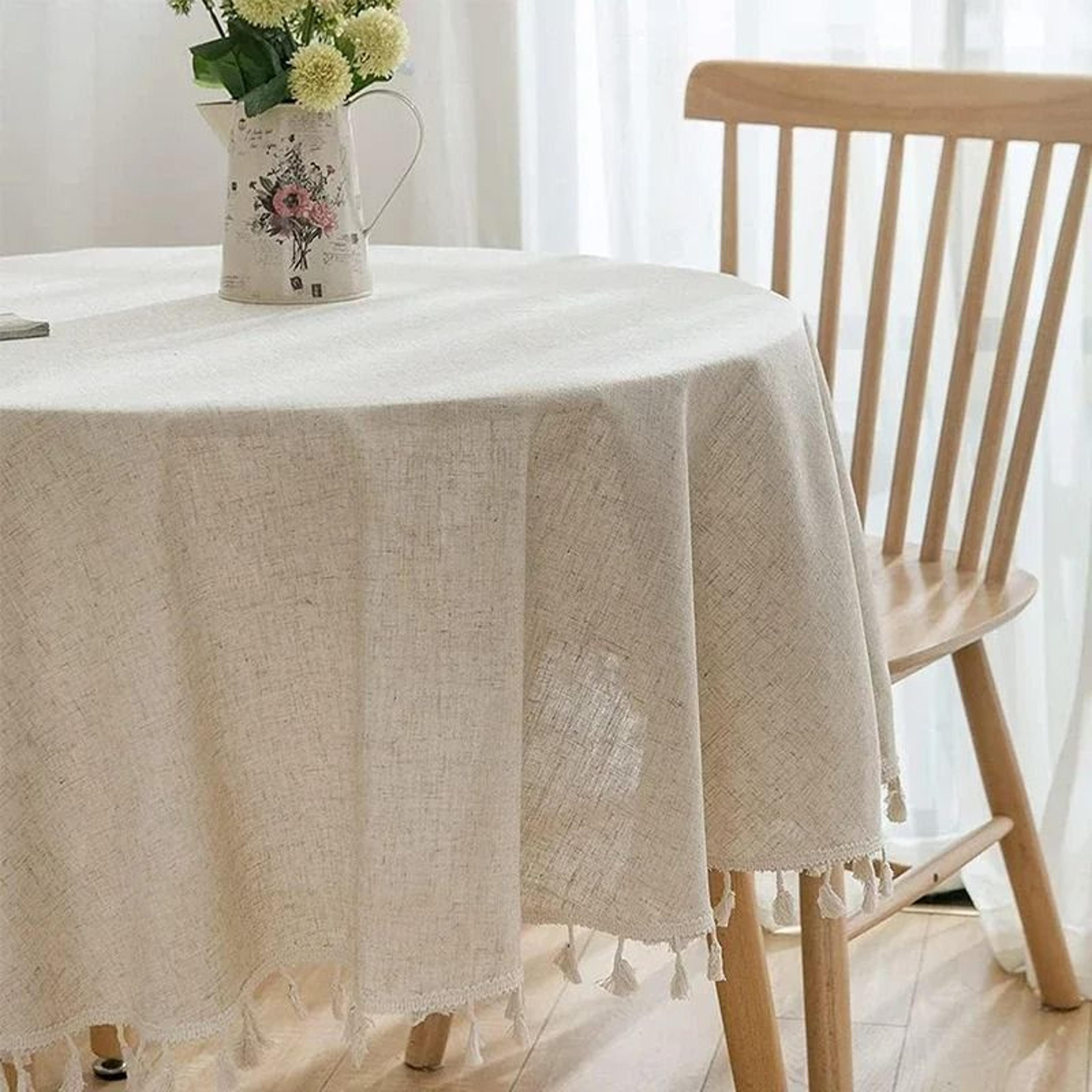 solid color round cotton linen tablecloth (tassel dust-proof table cover for kitchen, dining & farmhouse decor)