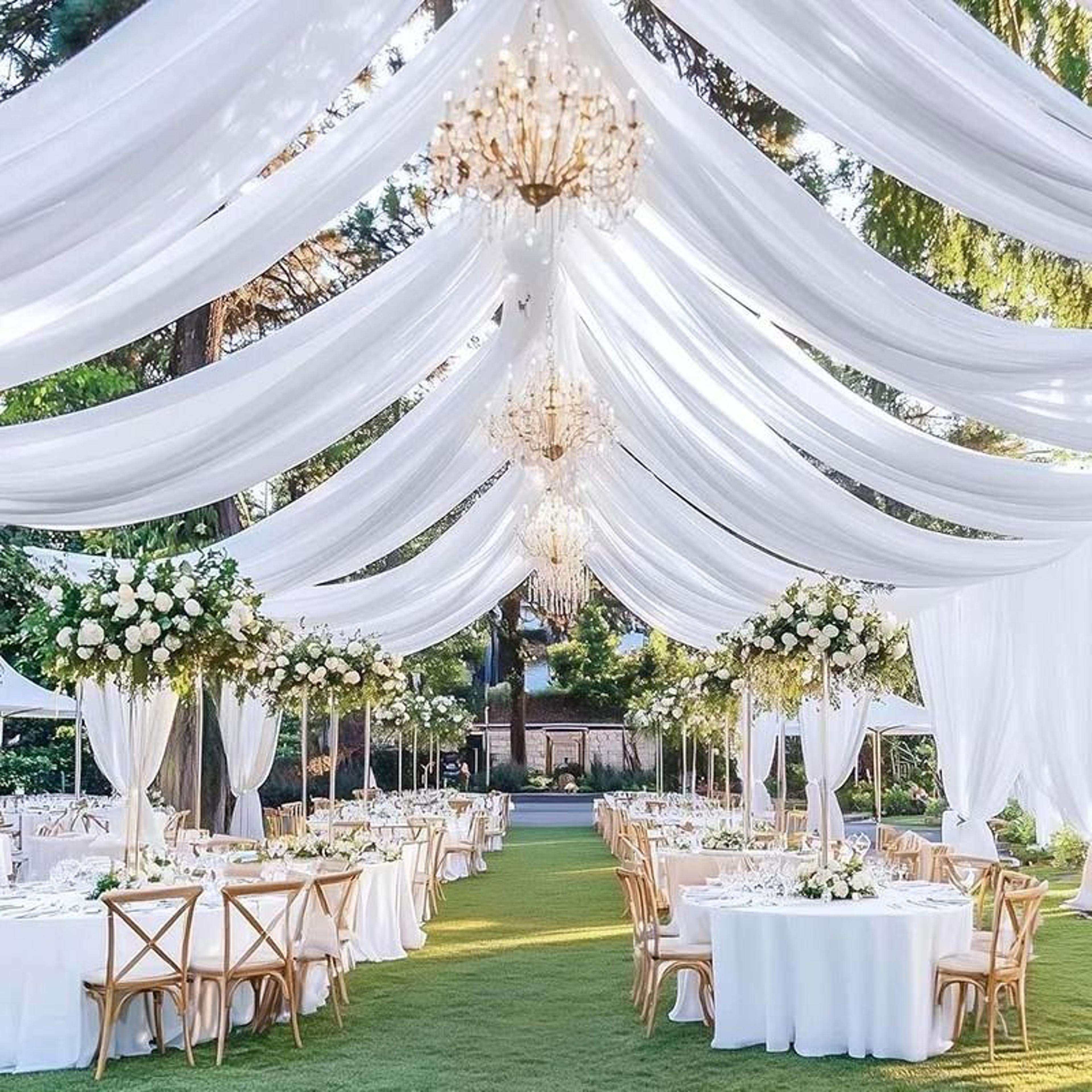 wedding ceiling drapes & arch drapery (ethereal sheer chiffon curtain for wedding reception, party & bedroom backdrop)