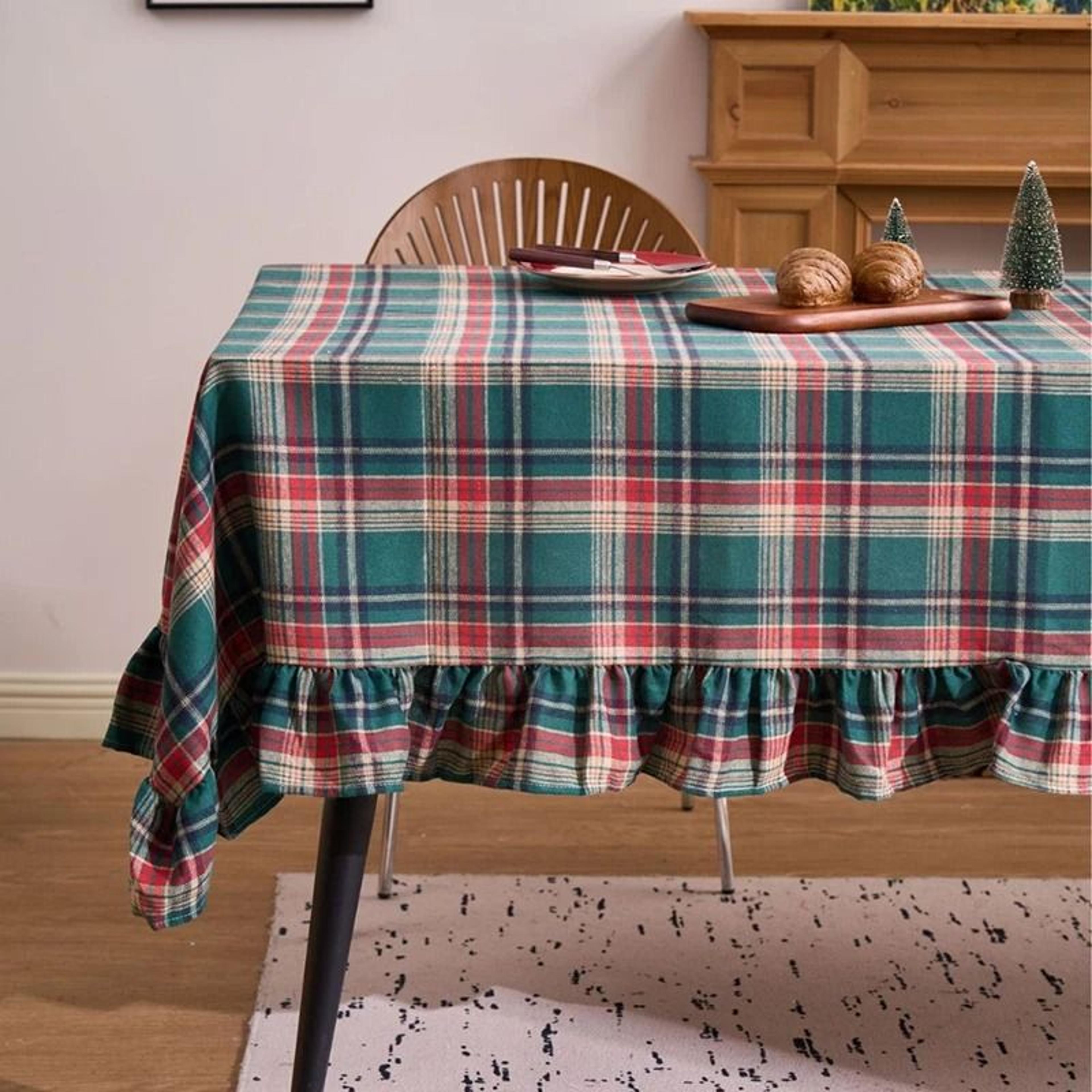 christmas green plaid ruffled tablecloth (washable anti-stain table cover for kitchen & holiday weddings)