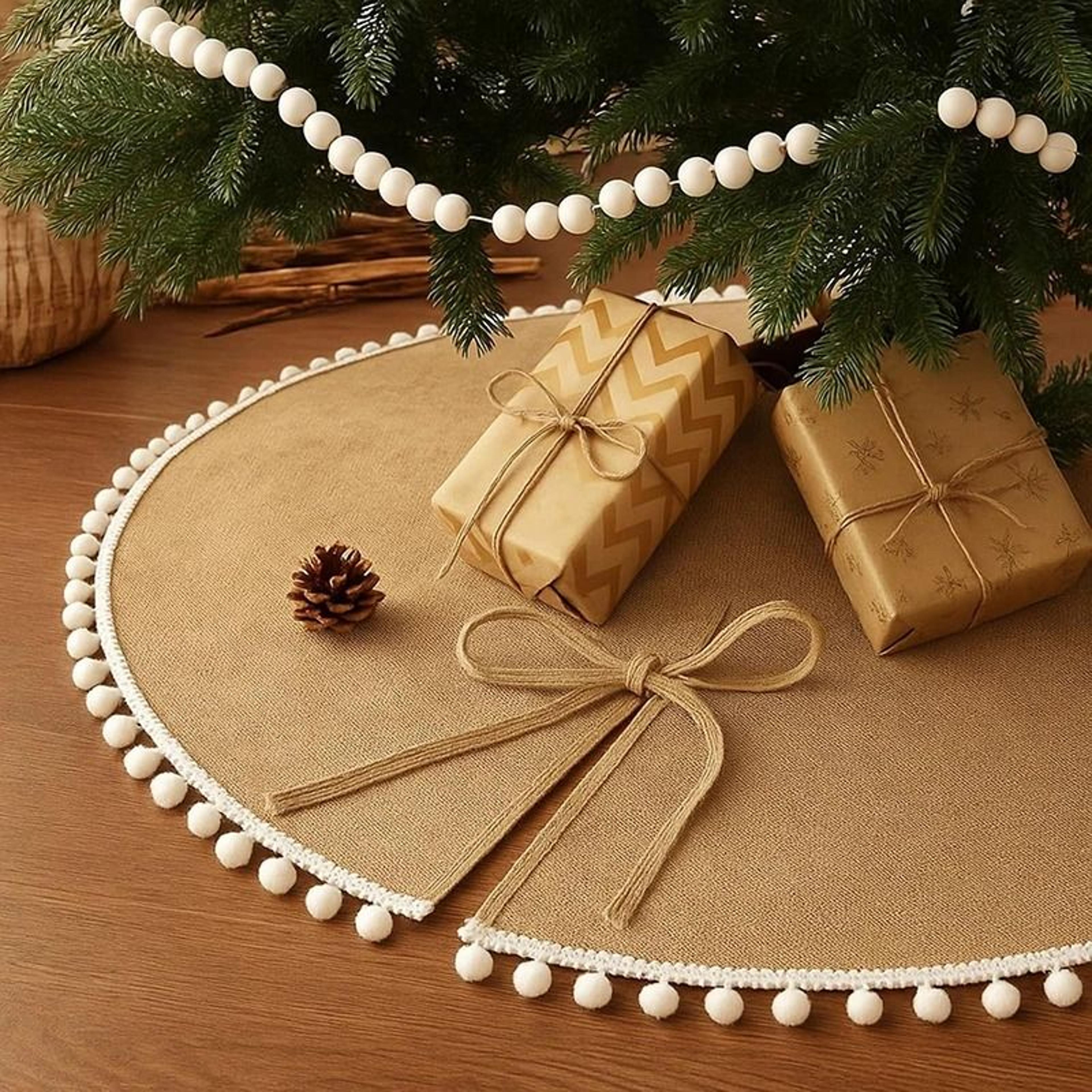 christmas tree skirt linen burlap base cover (holiday pom trim skirt for winter party decor)