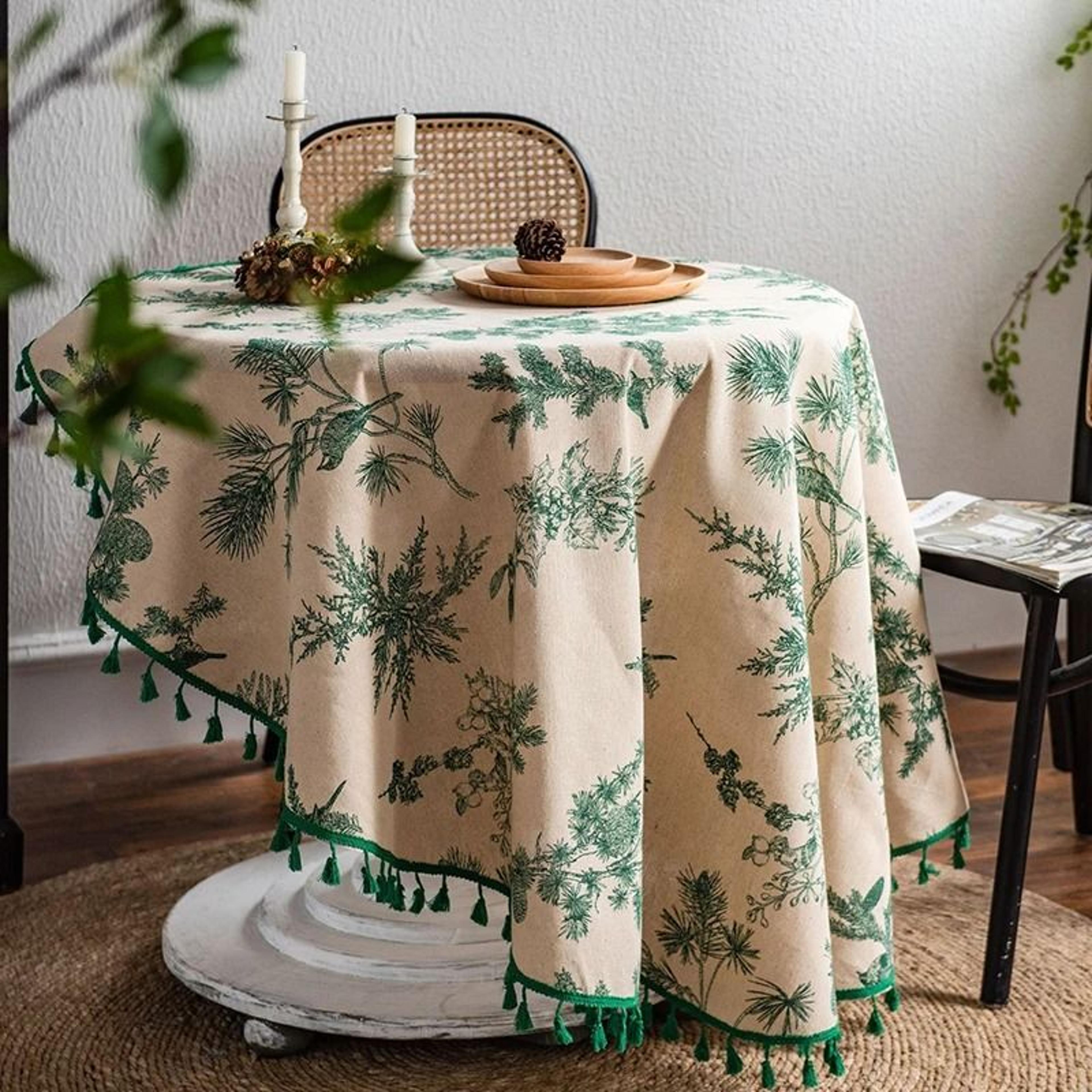 green leaves print round cotton linen tablecloth (boho tassel table cover for kitchen & parties)