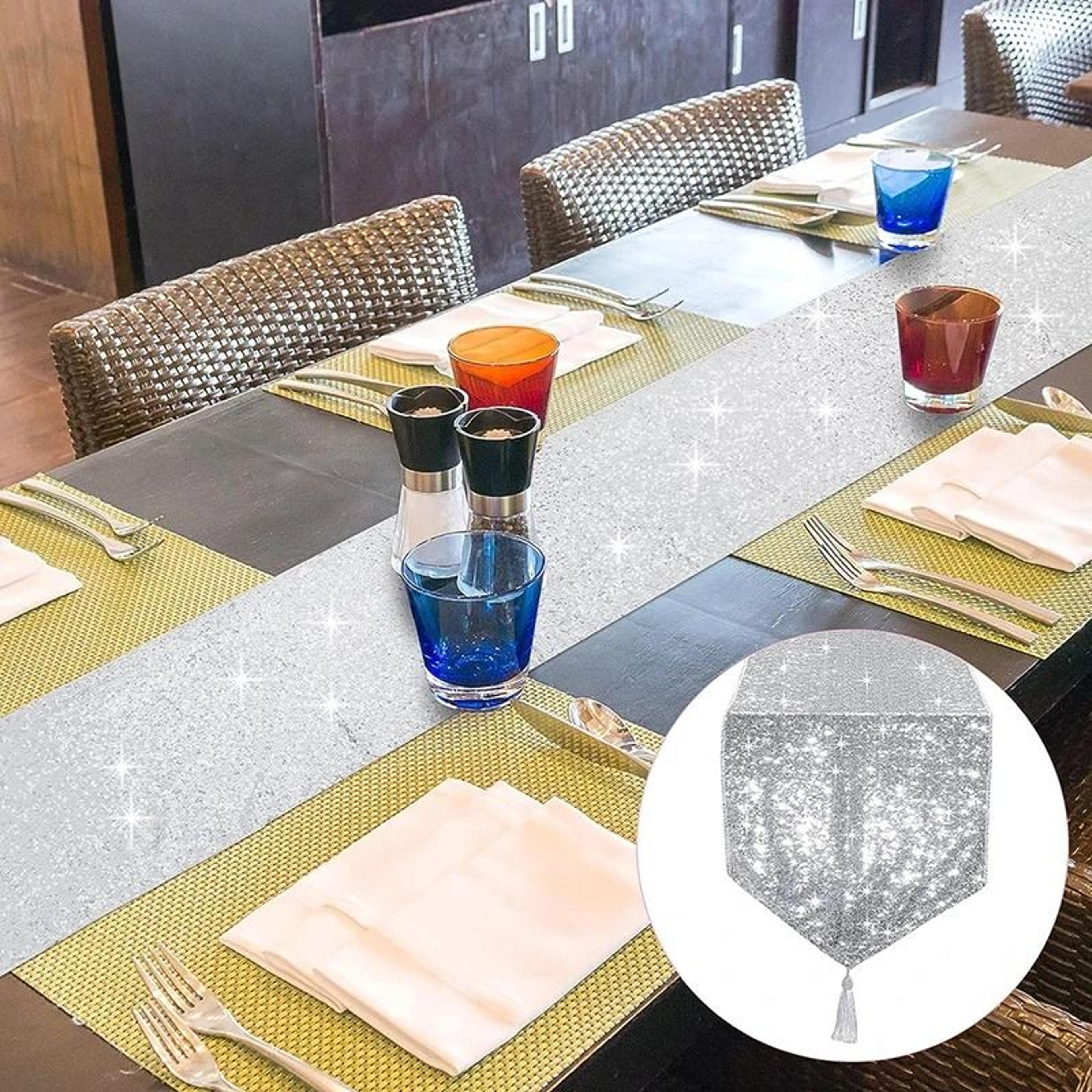 silver sequin tassel table runner (sparkly glitter accent for birthday, wedding & holiday table decor)