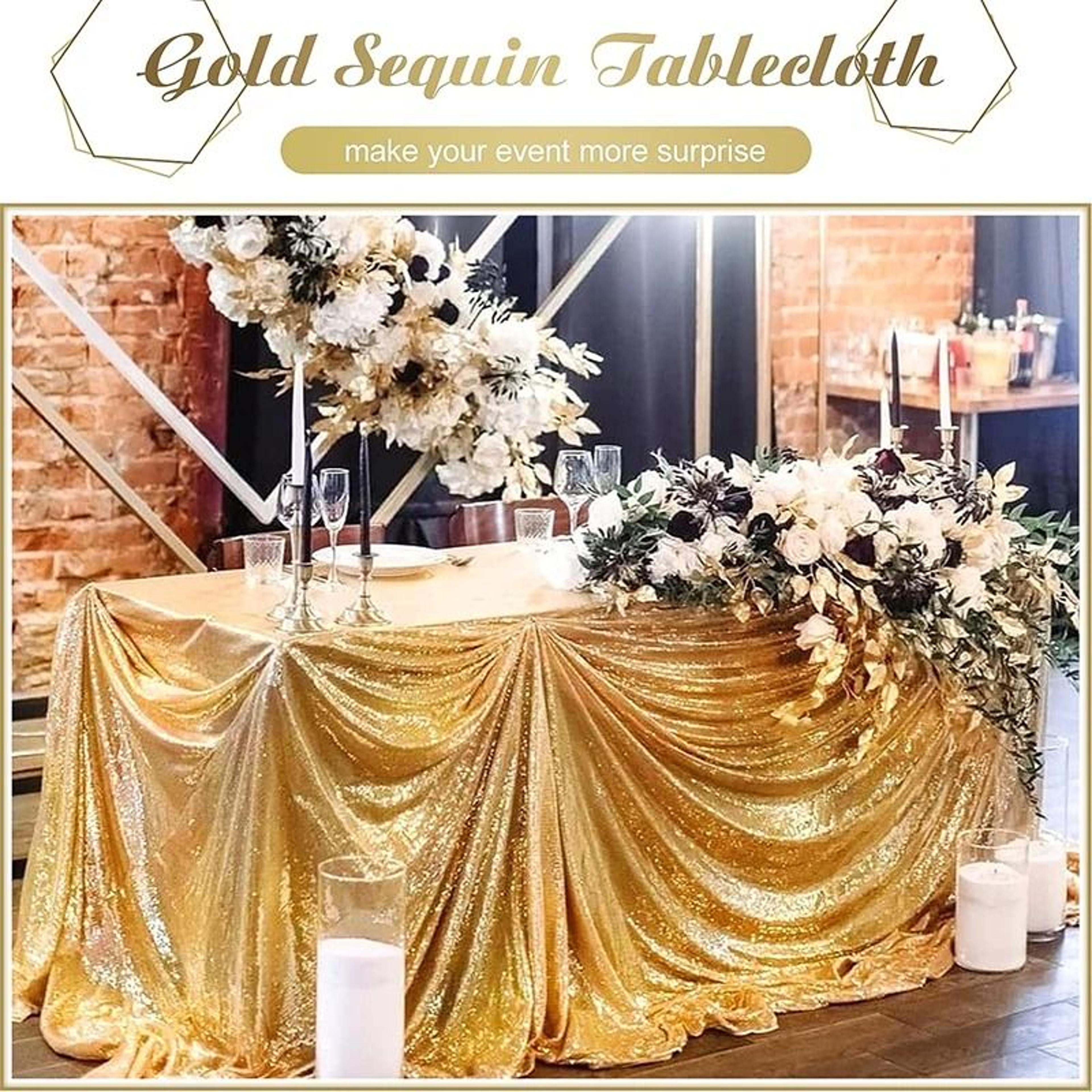 gold sequin tablecloth sparkle cover (glitter rectangle overlay for wedding, birthday & cake table decor)