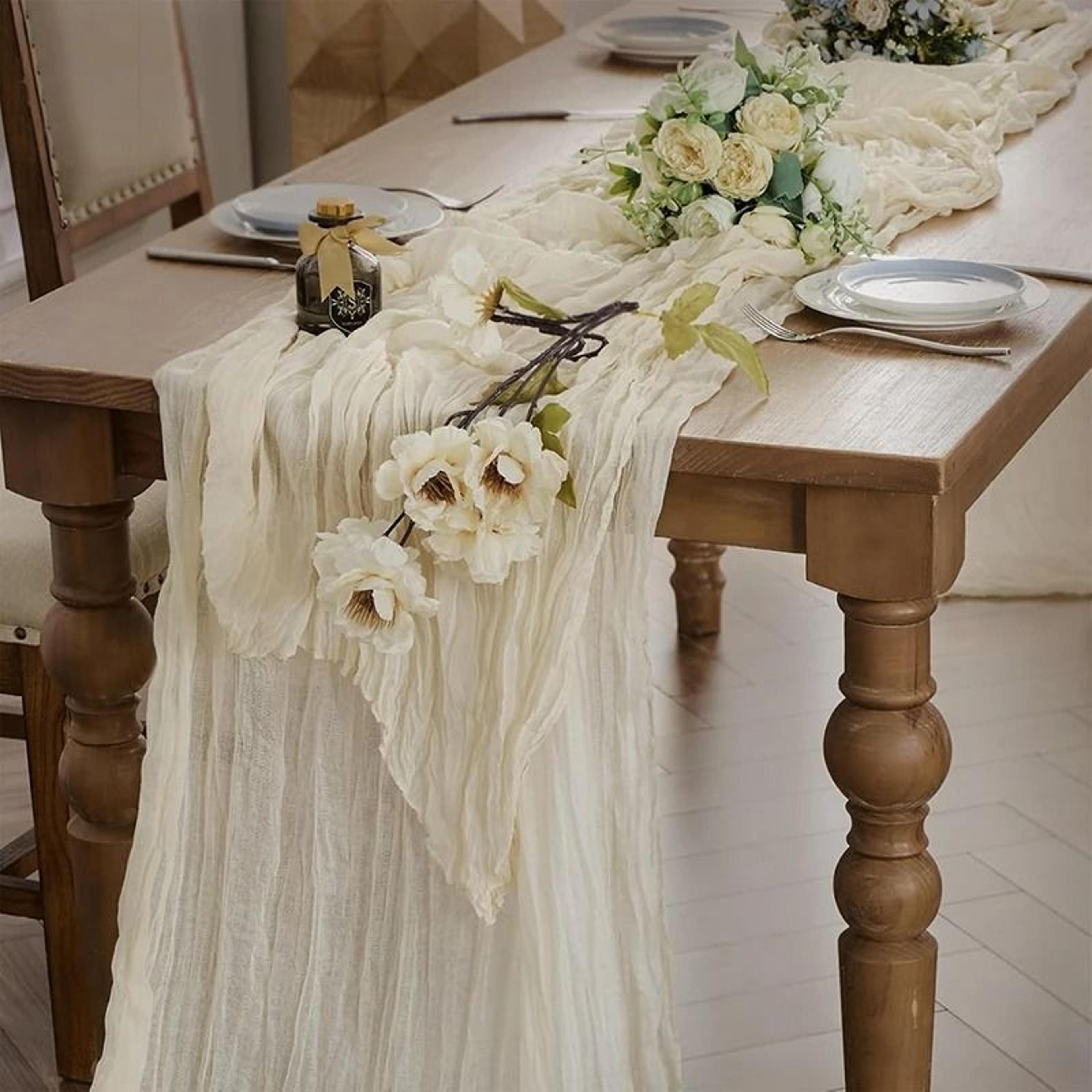 beige gauze cheesecloth table runner (rustic sheer boho decor for wedding, baby shower & birthday parties)
