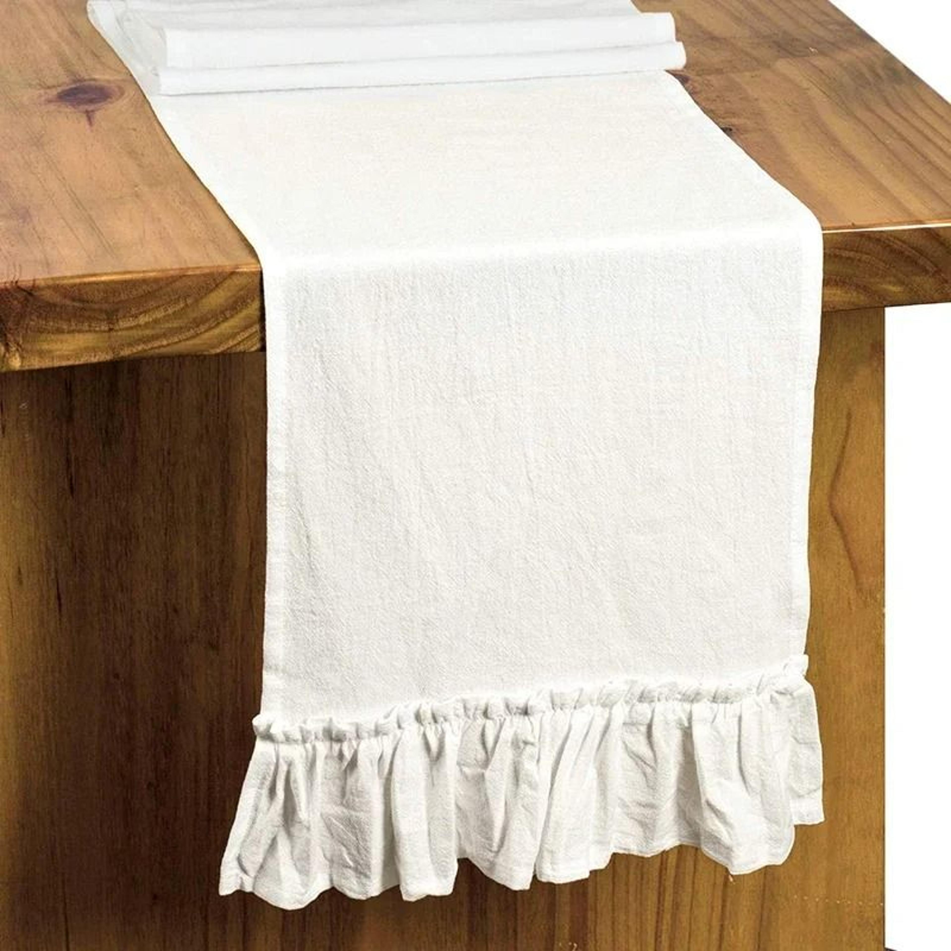 100% cotton white ruffle table runner (rustic cottagecore decor for wedding, baby shower & kitchen)