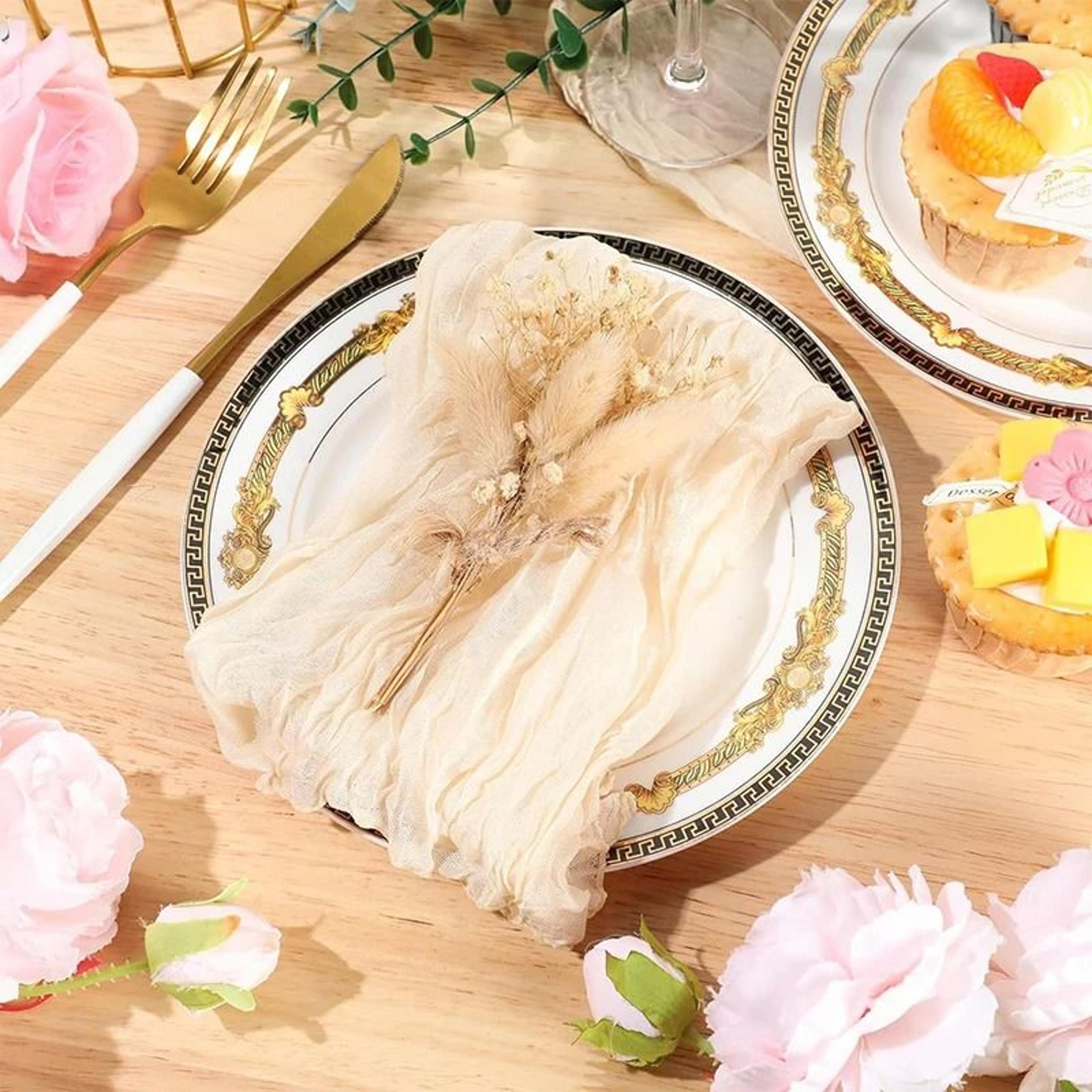 beige cheesecloth gauze napkins - set of 6 (washable 19.7x19.7 inch dinner table napkins for weddings & parties)