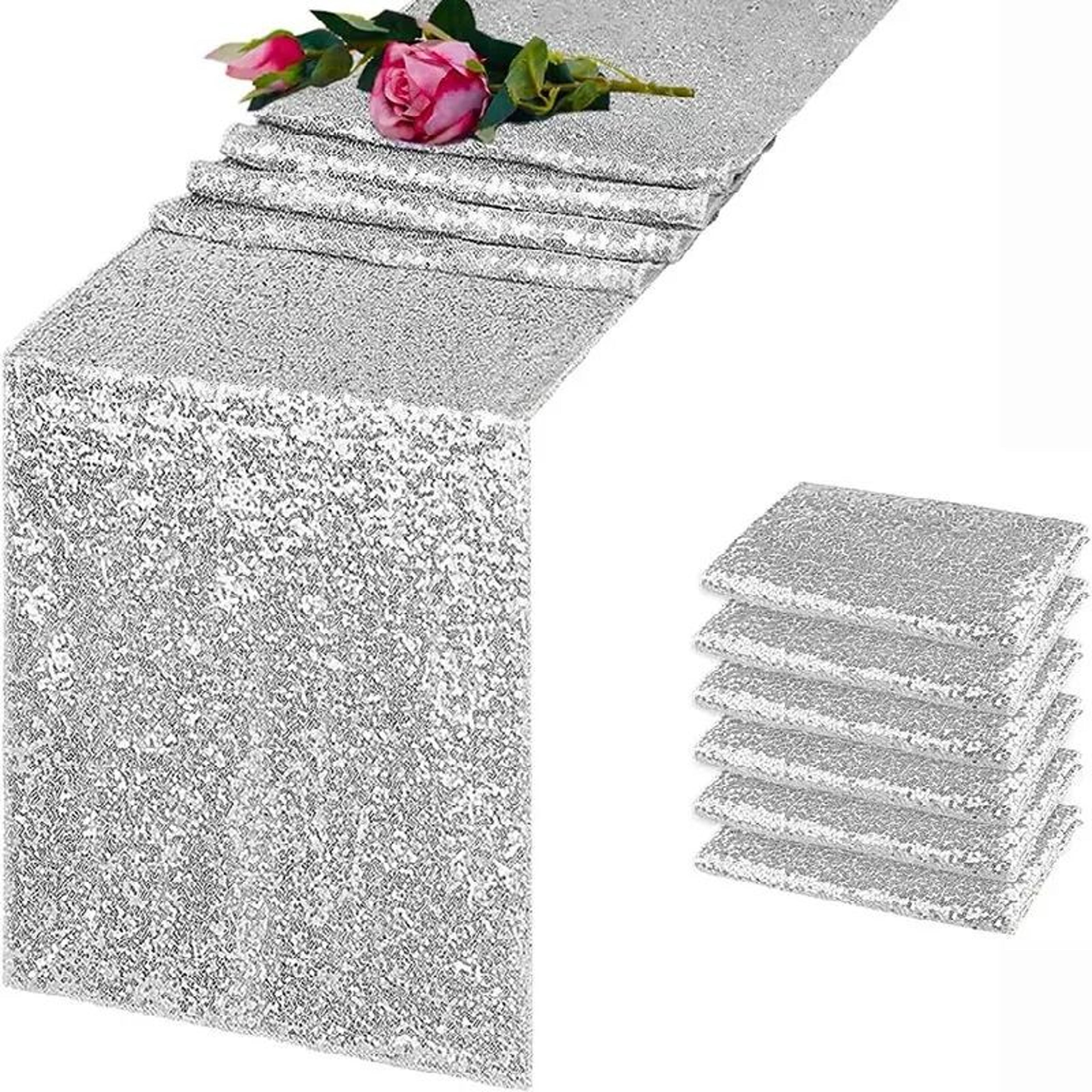 6pcs sequin table runner set (glitter silver table cover accent for birthday, wedding & party decor)