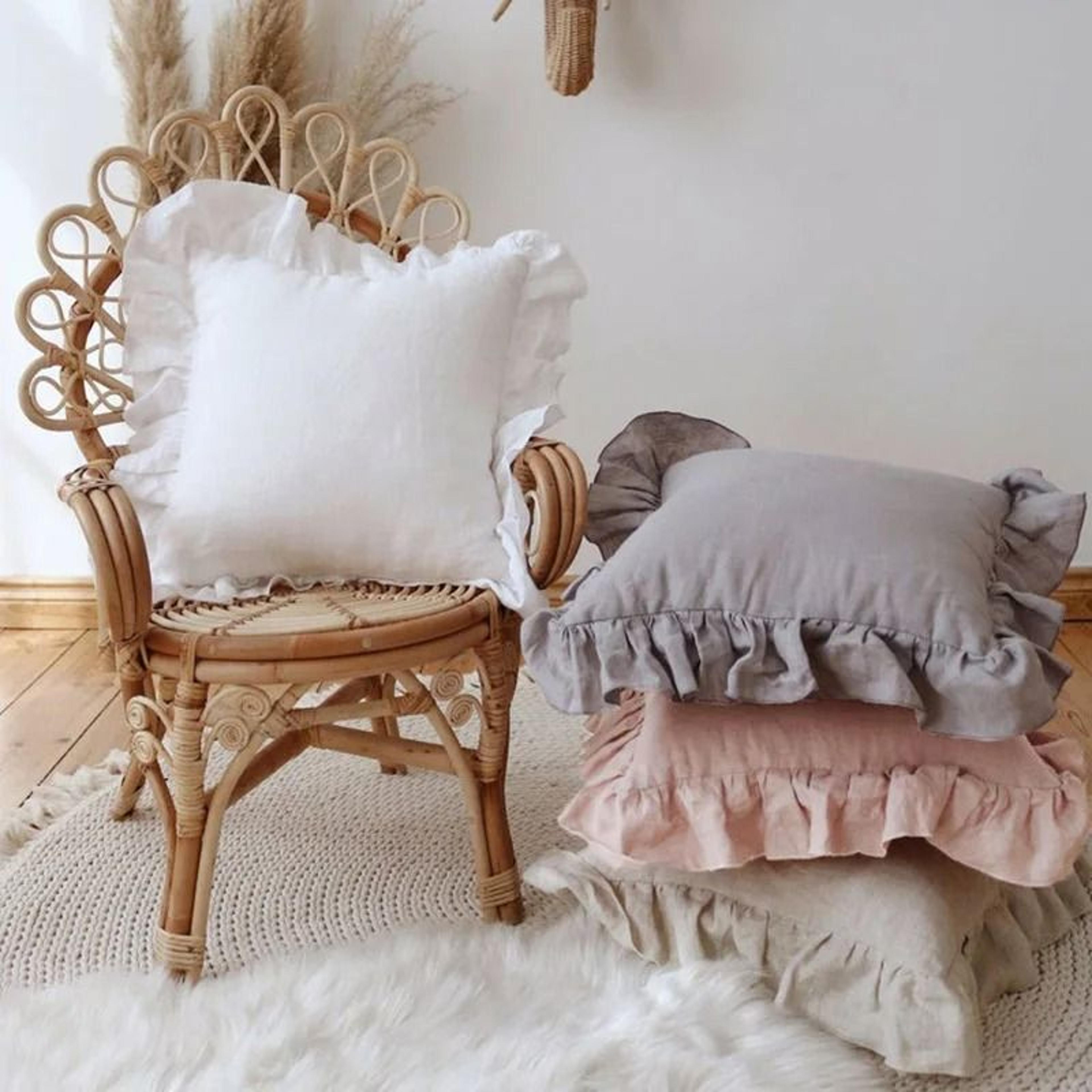100% washed linen ruffled throw pillow cover (french flax cushion cover for couch, bed & living room)
