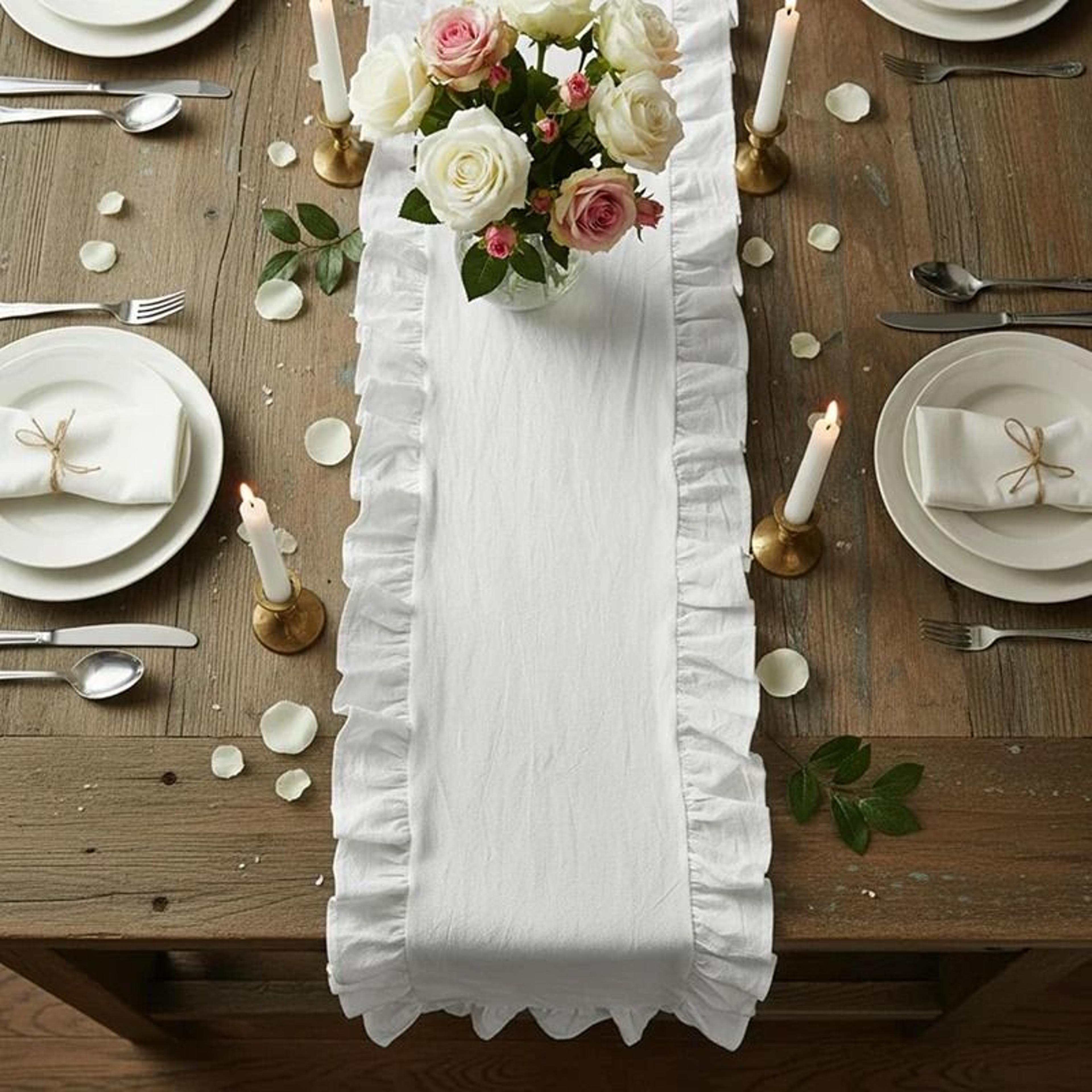 christmas ruffled cotton table runner (rustic farmhouse table decor for weddings & holidays)