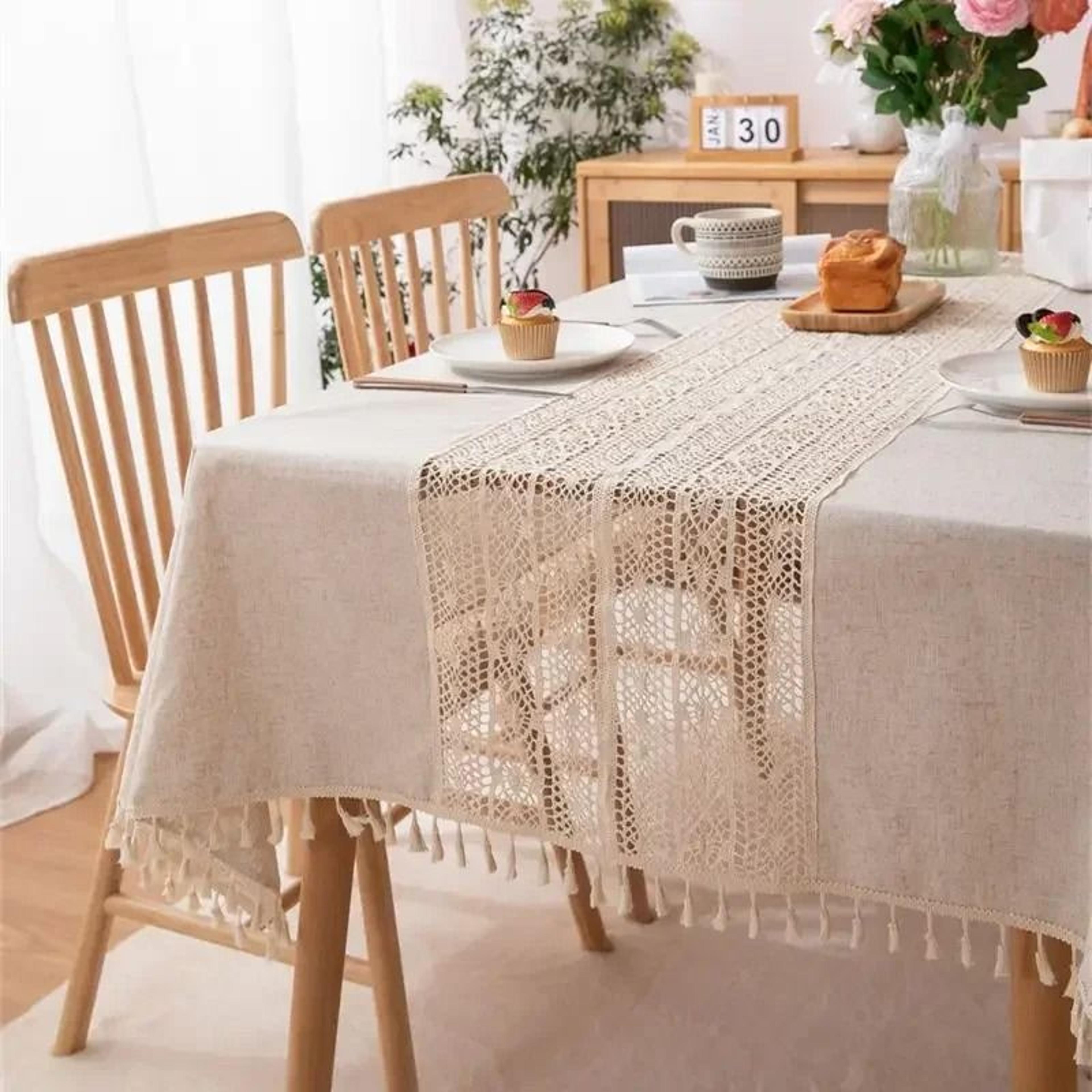 rustic farmhouse hollow splicing tassel tablecloth (washable rectangle table cover for kitchen & holiday)