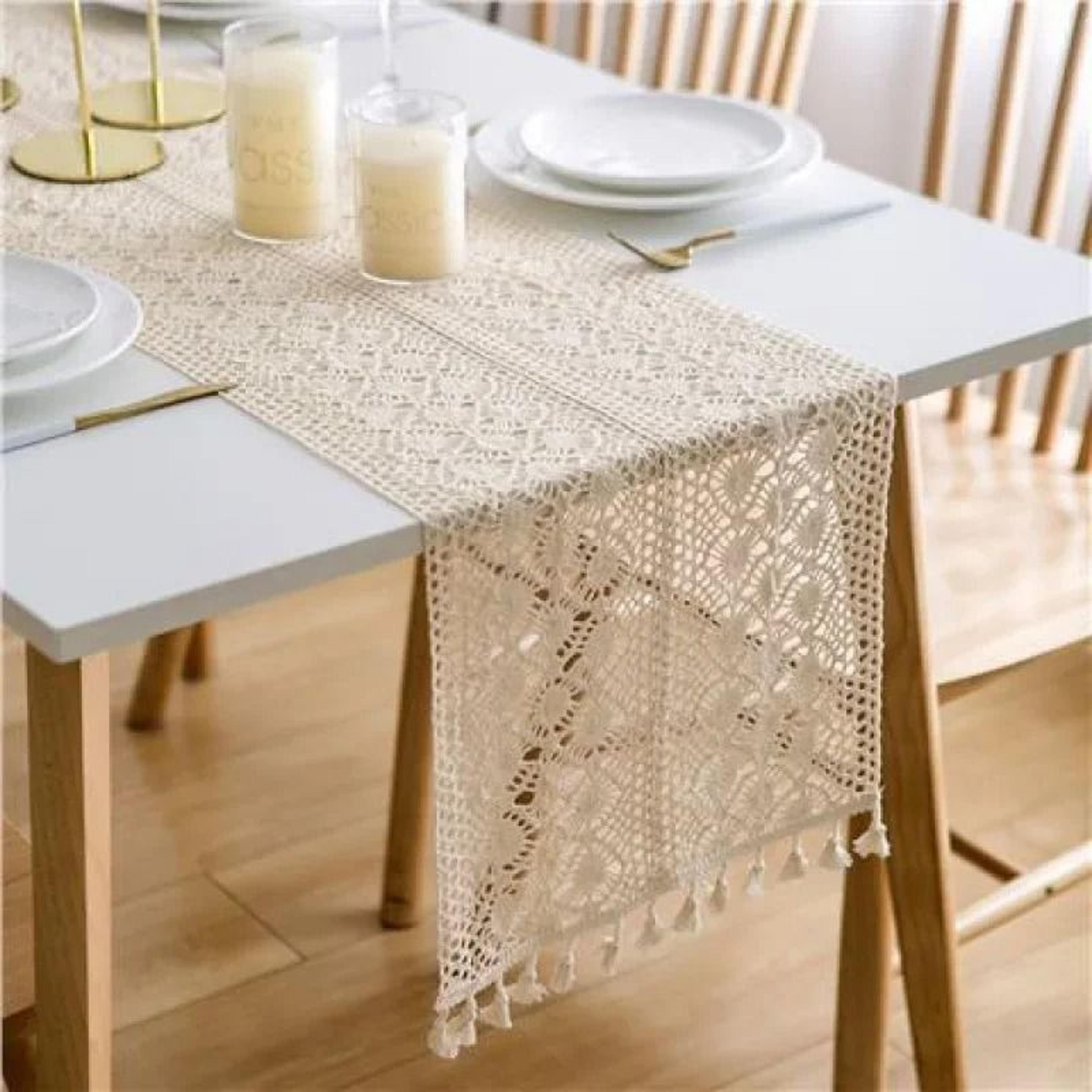 boho beige crochet macrame table runner with tassels (vintage farmhouse decor for wedding & baby shower)