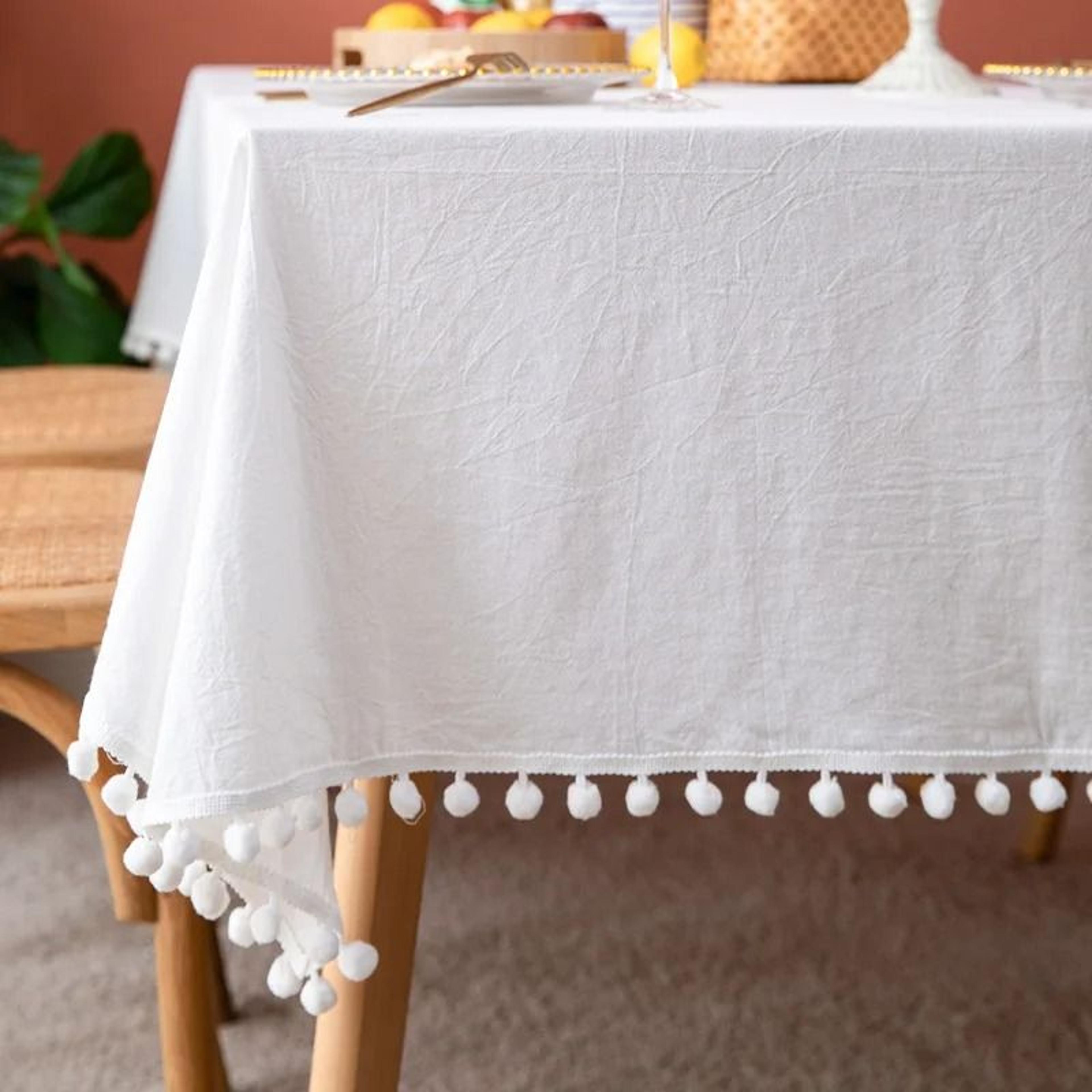 farmhouse cotton tablecloth with pompom tassels (square washable cover for kitchen & dinning)