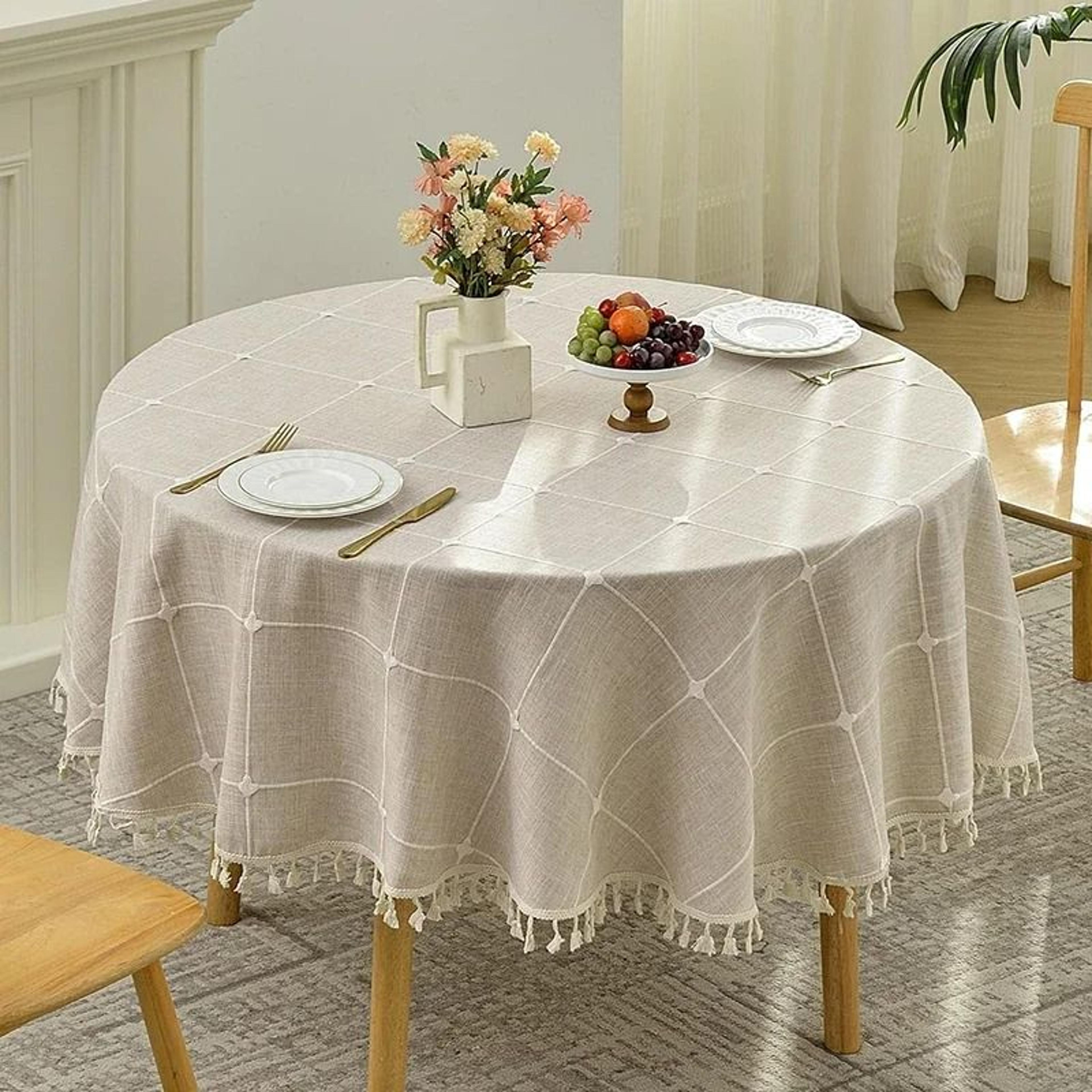round tassel plaid cotton linen tablecloth (heavyweight dust-proof cover for kitchen & dining)