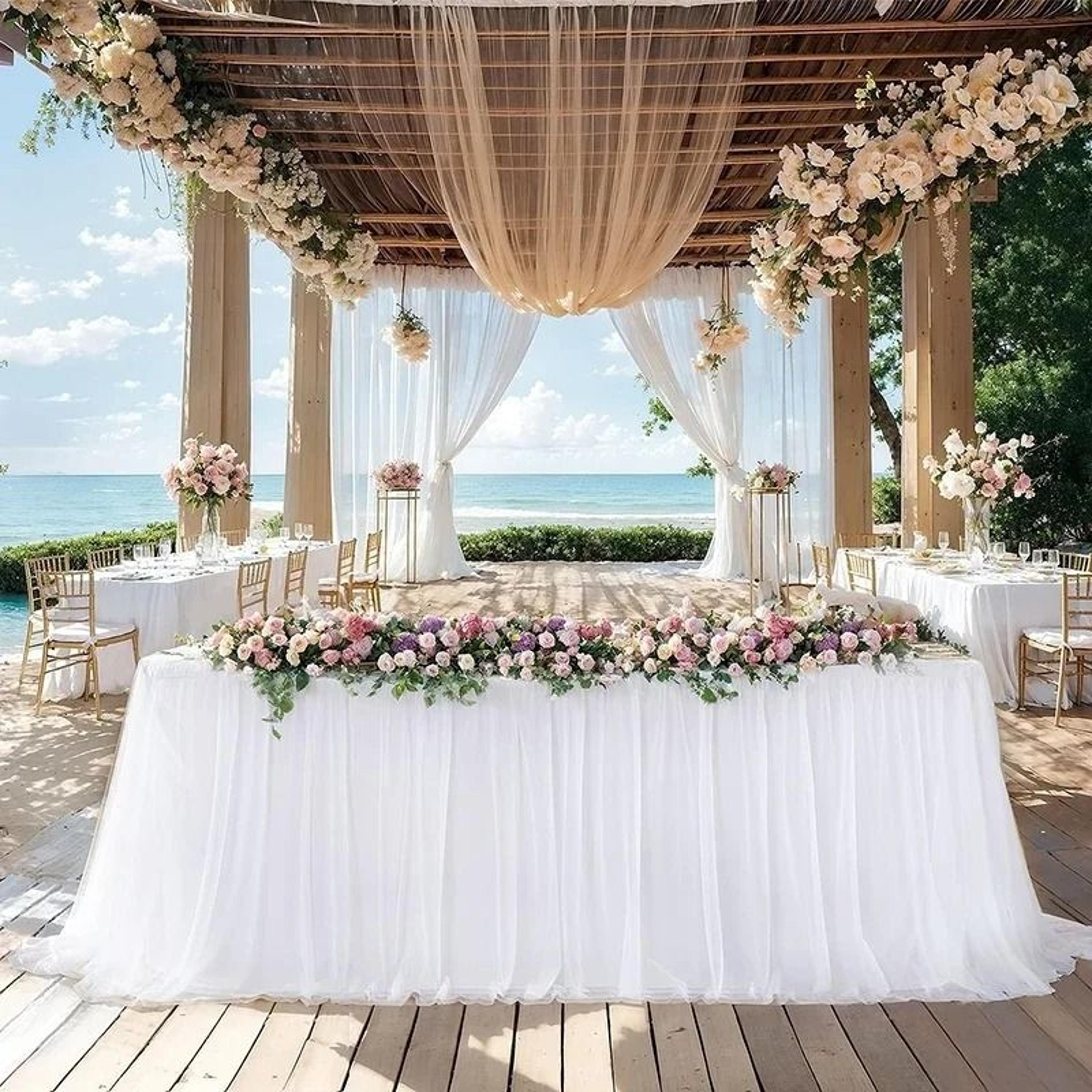 white tulle ruffle table skirt (semi-sheer cover for wedding, bridal shower & birthday decor)