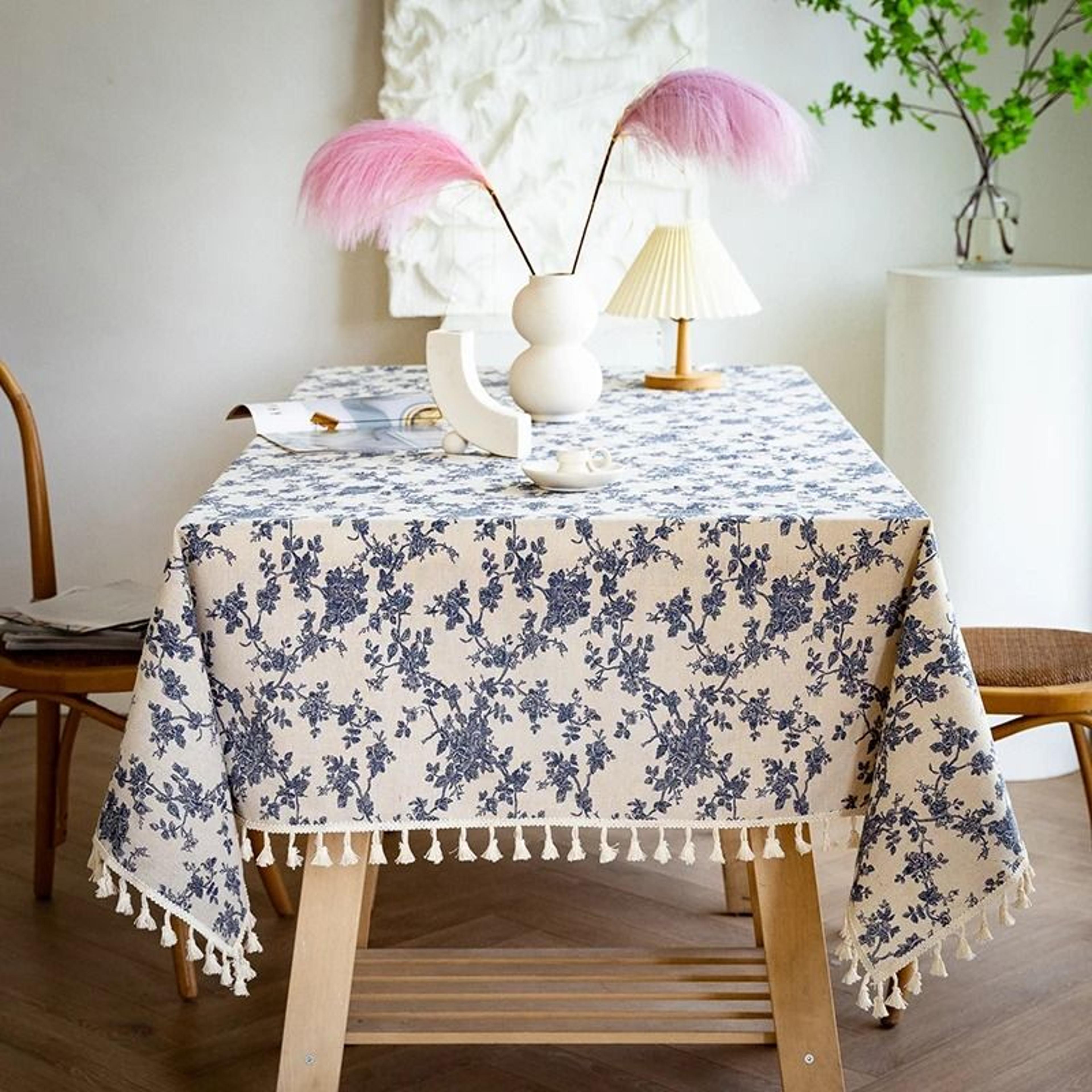 blue bohemian floral tassel tablecloth (dust-proof rectangle fabric cover for kitchen & holiday party)