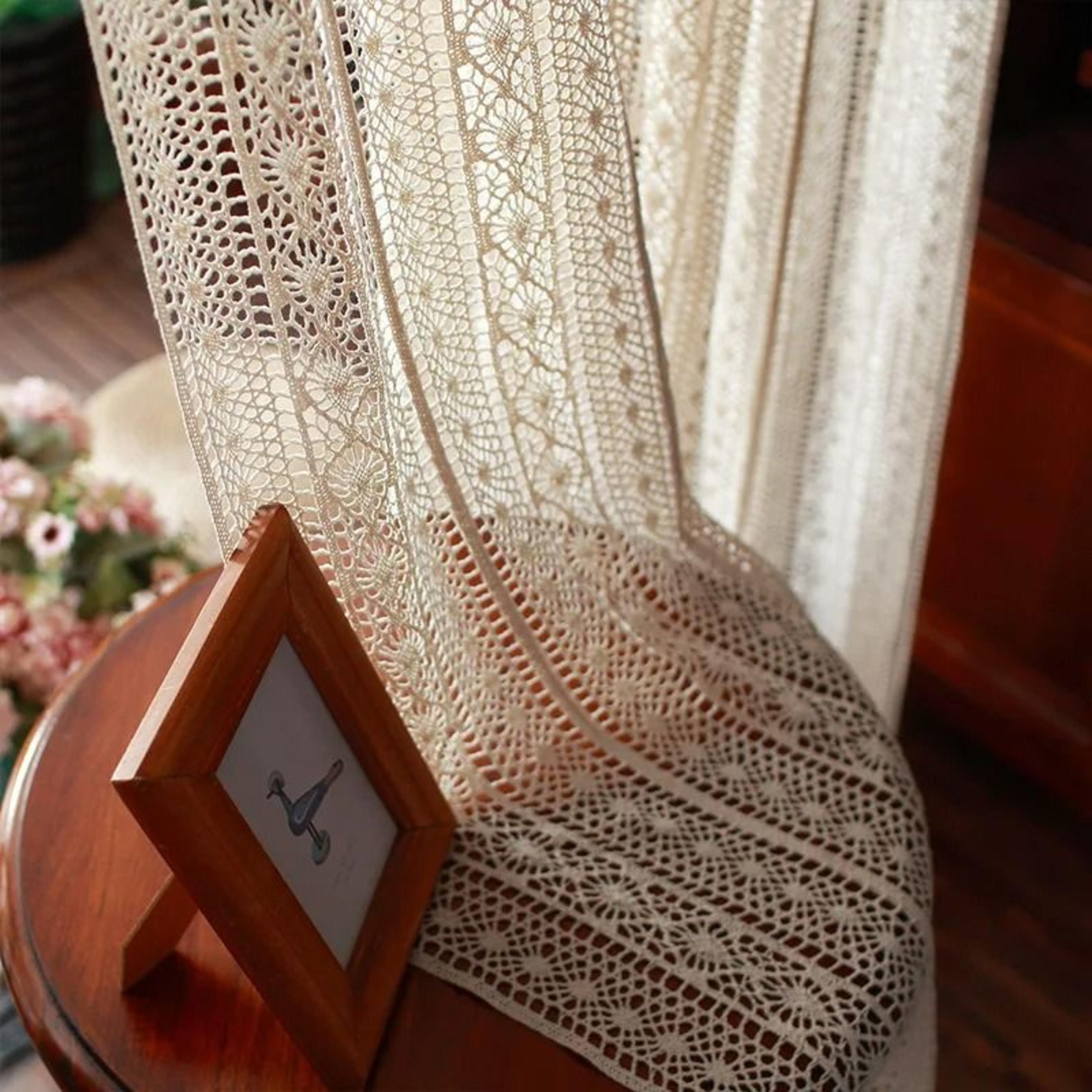 rustic crochet tassel curtains (vintage farmhouse boho beige knitted rod pocket drapes for bedroom & living room)