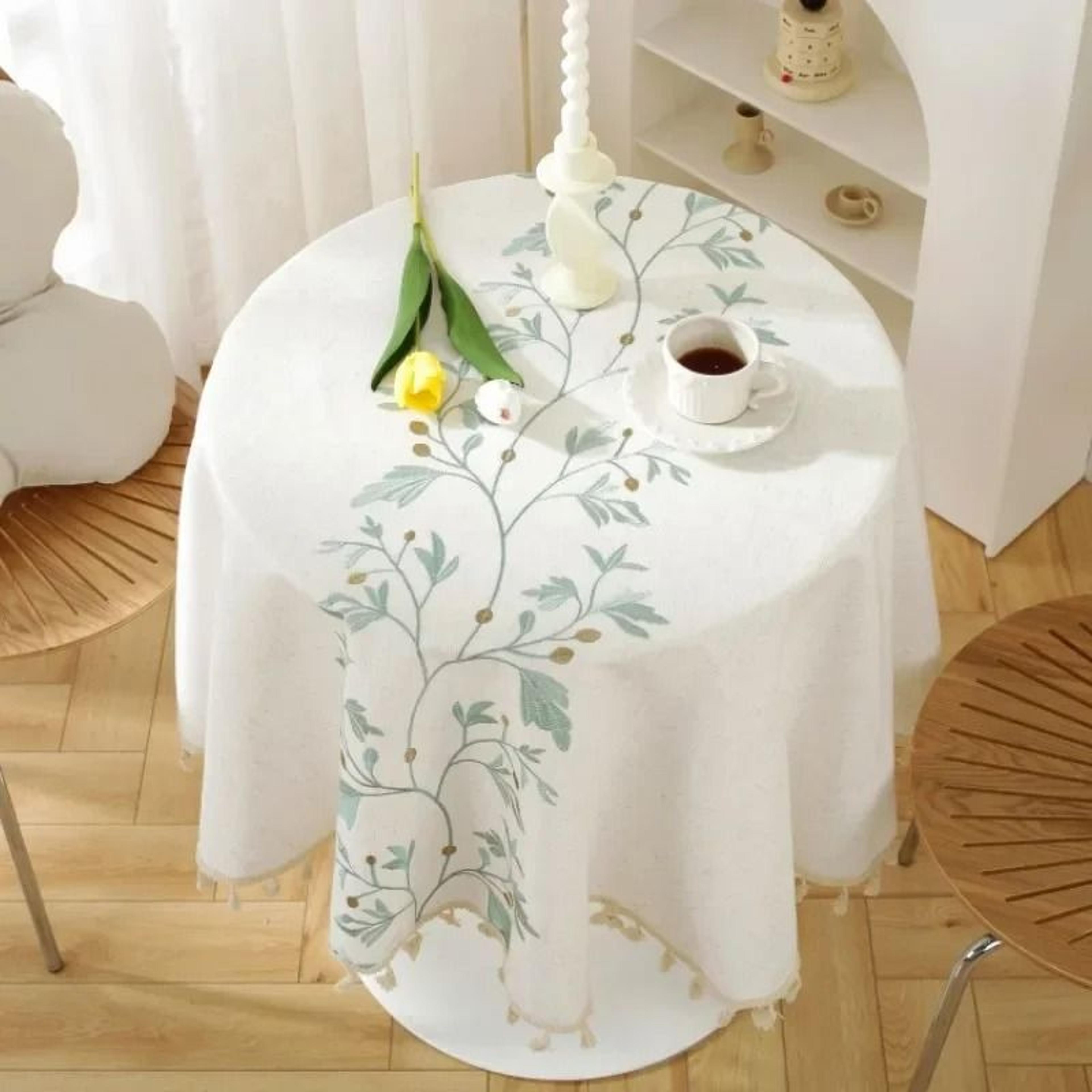 solid embroidered round tablecloth with fringe tassels (dust-proof fabric table cover for kitchen & dining decor)