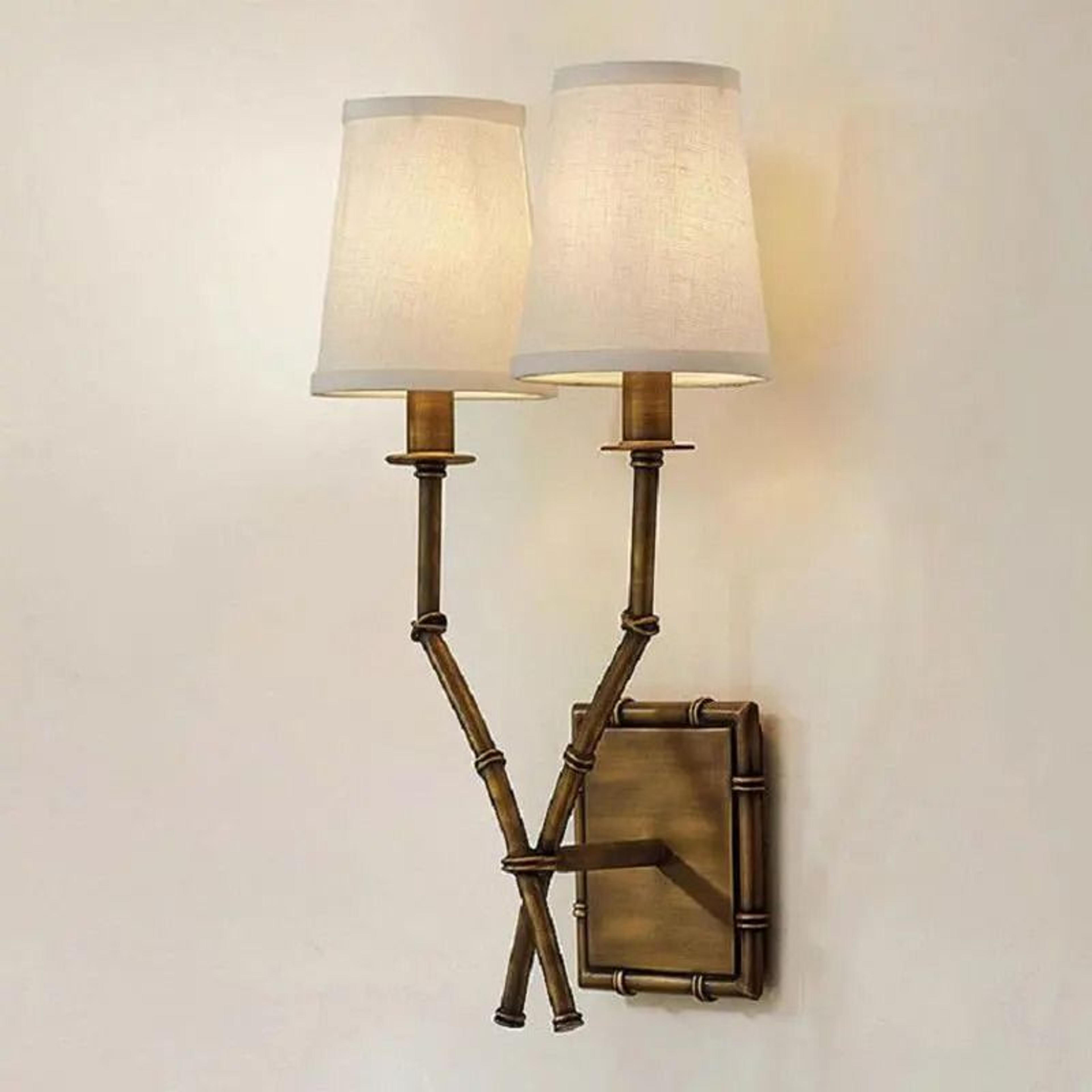 american antique iron bamboo led wall lamp with double head linen lampshade