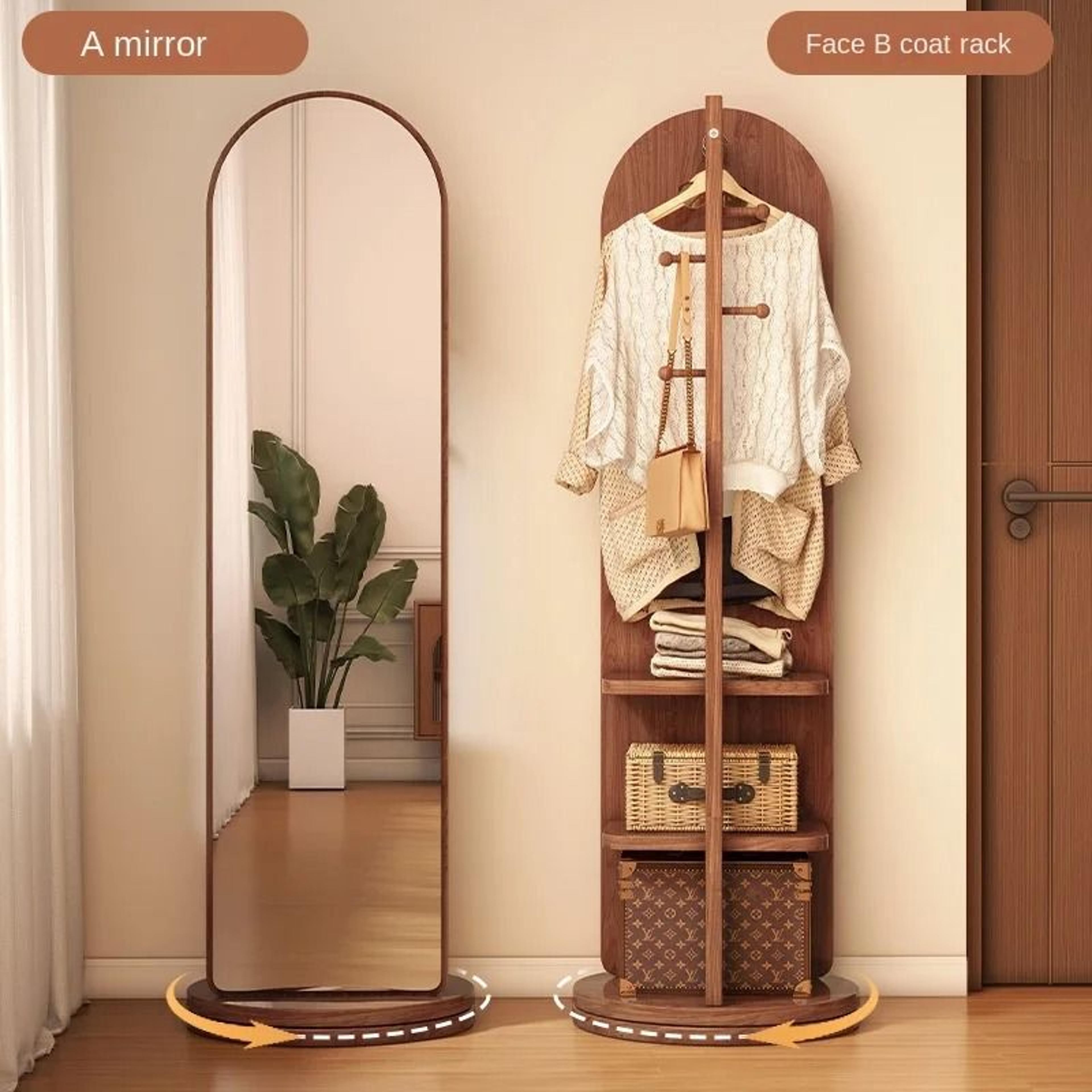 multi-function rotating full-length floor mirror with built-in coat rack