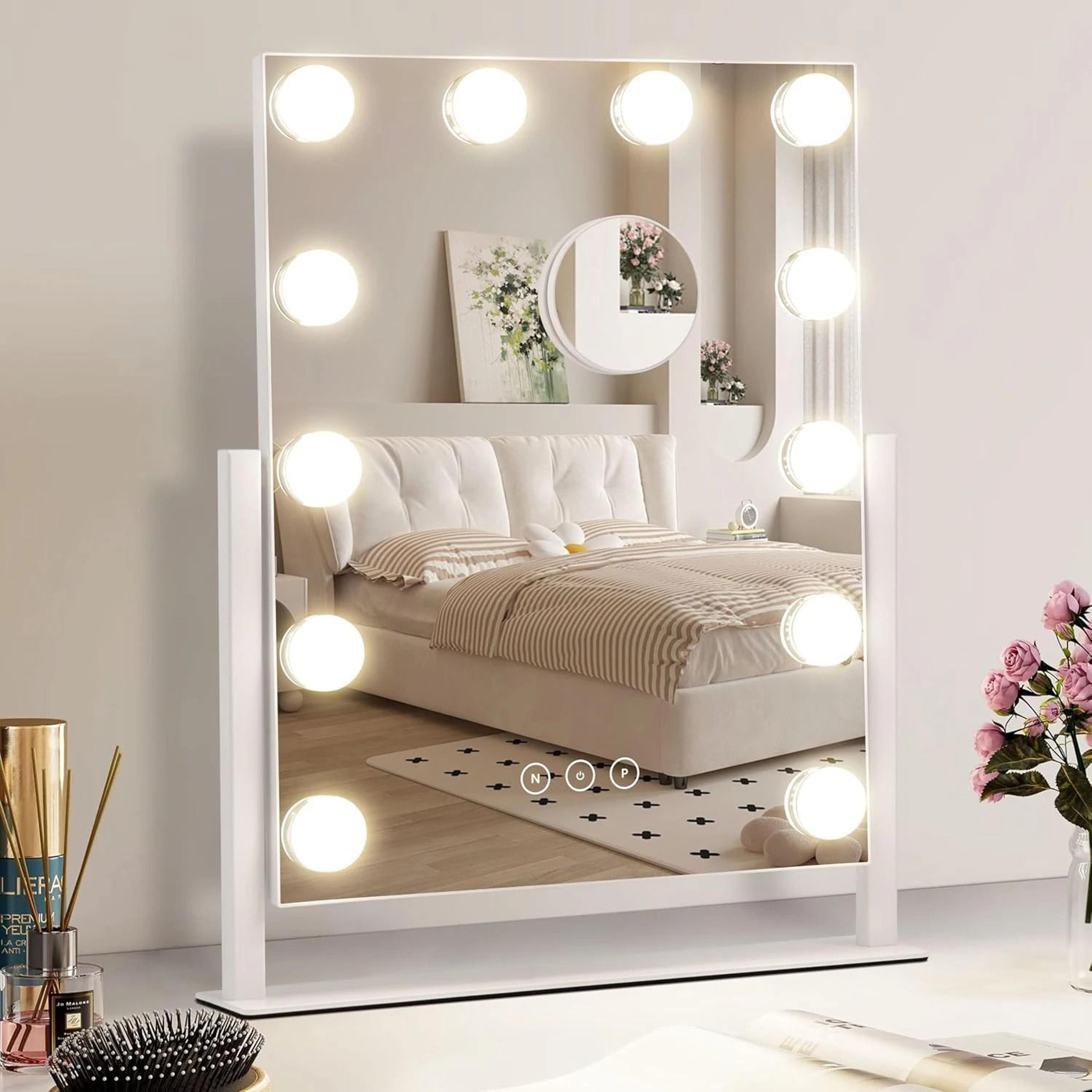 hollywood style vanity makeup mirror with 12 dimmable led bulbs & 10x magnification