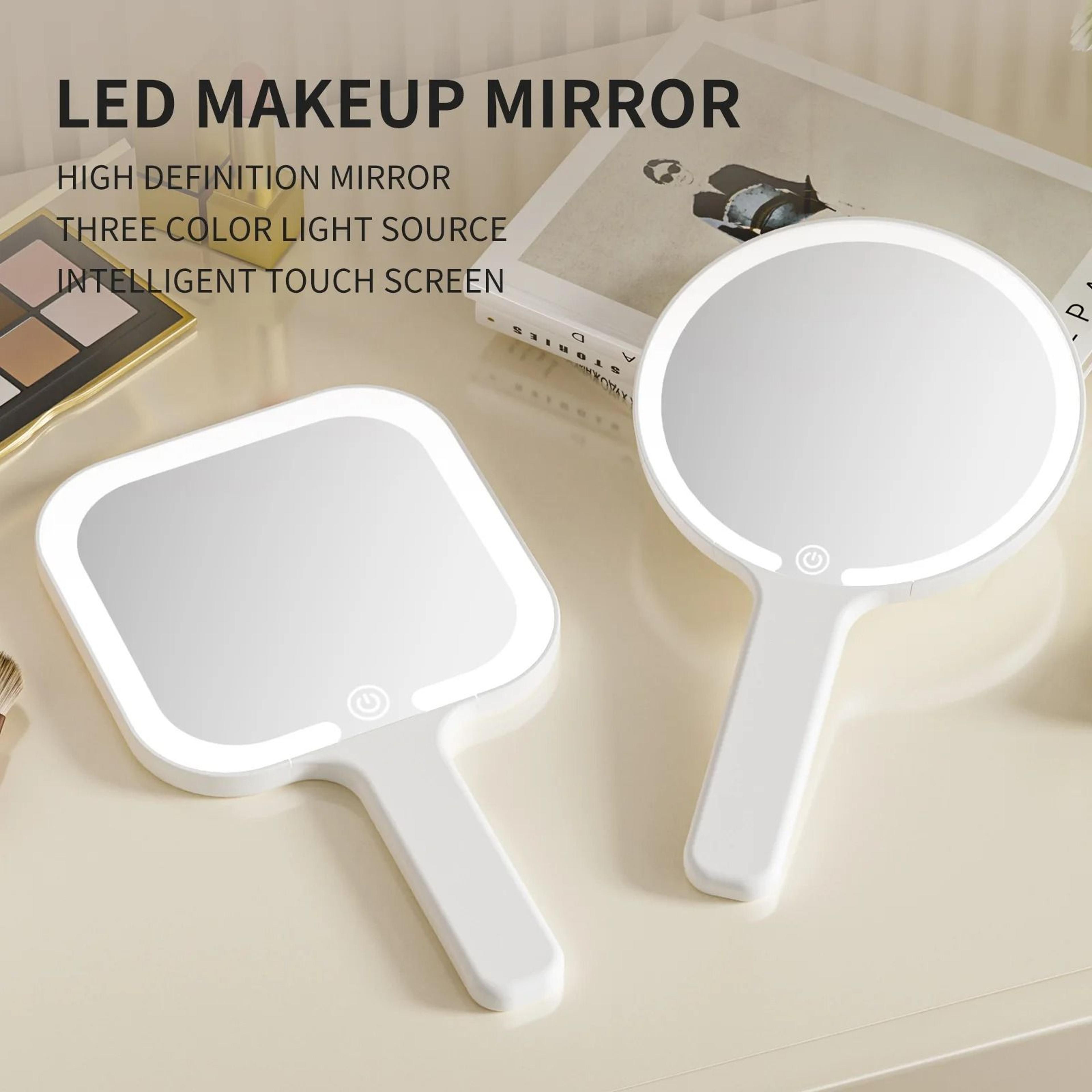 compact led handheld makeup mirror with 3 color dimmable lights
