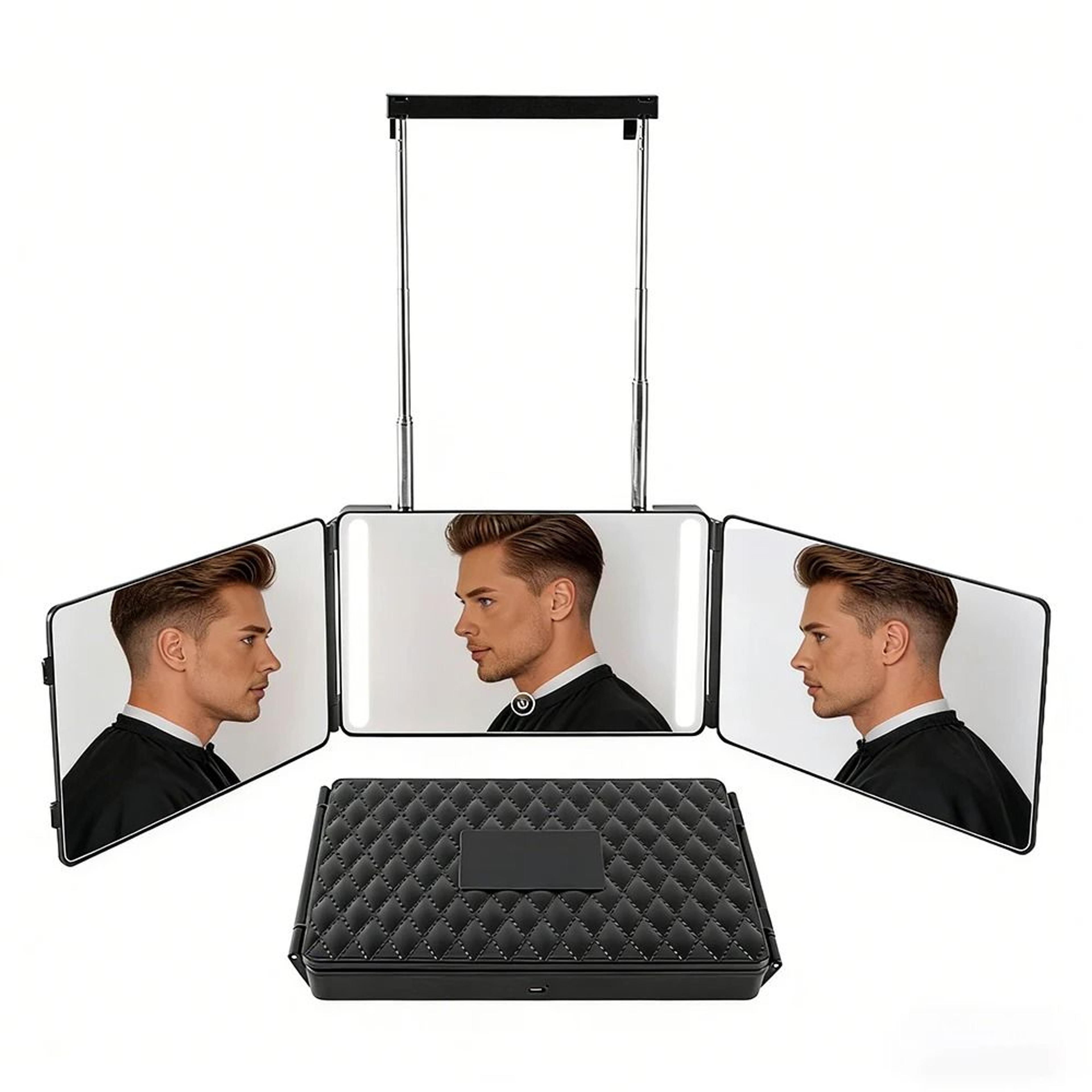 3-way 360 illuminated led haircut mirror with height-adjustable door hooks