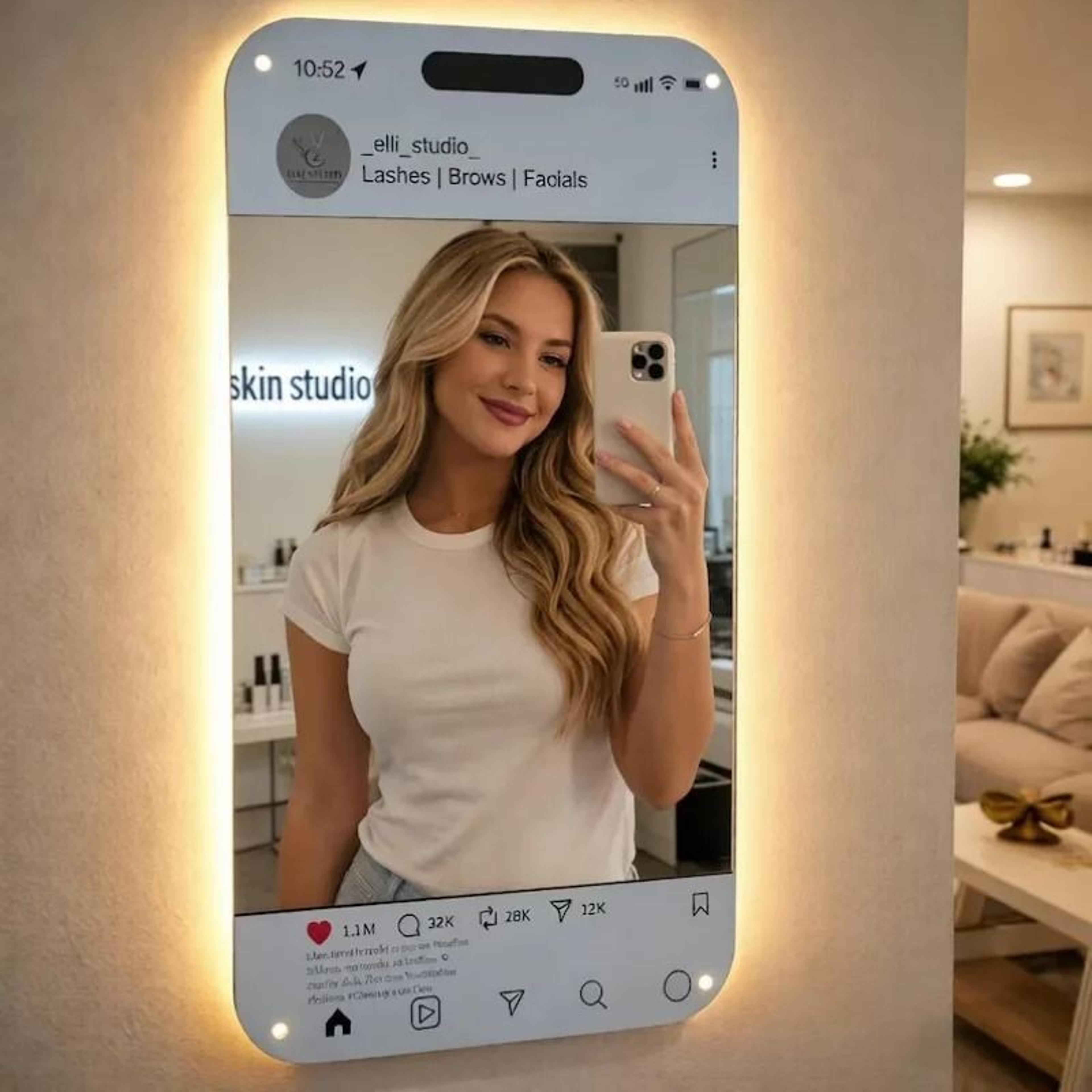 personalized led social media mirror light sign & customized selfie frame wall decor
