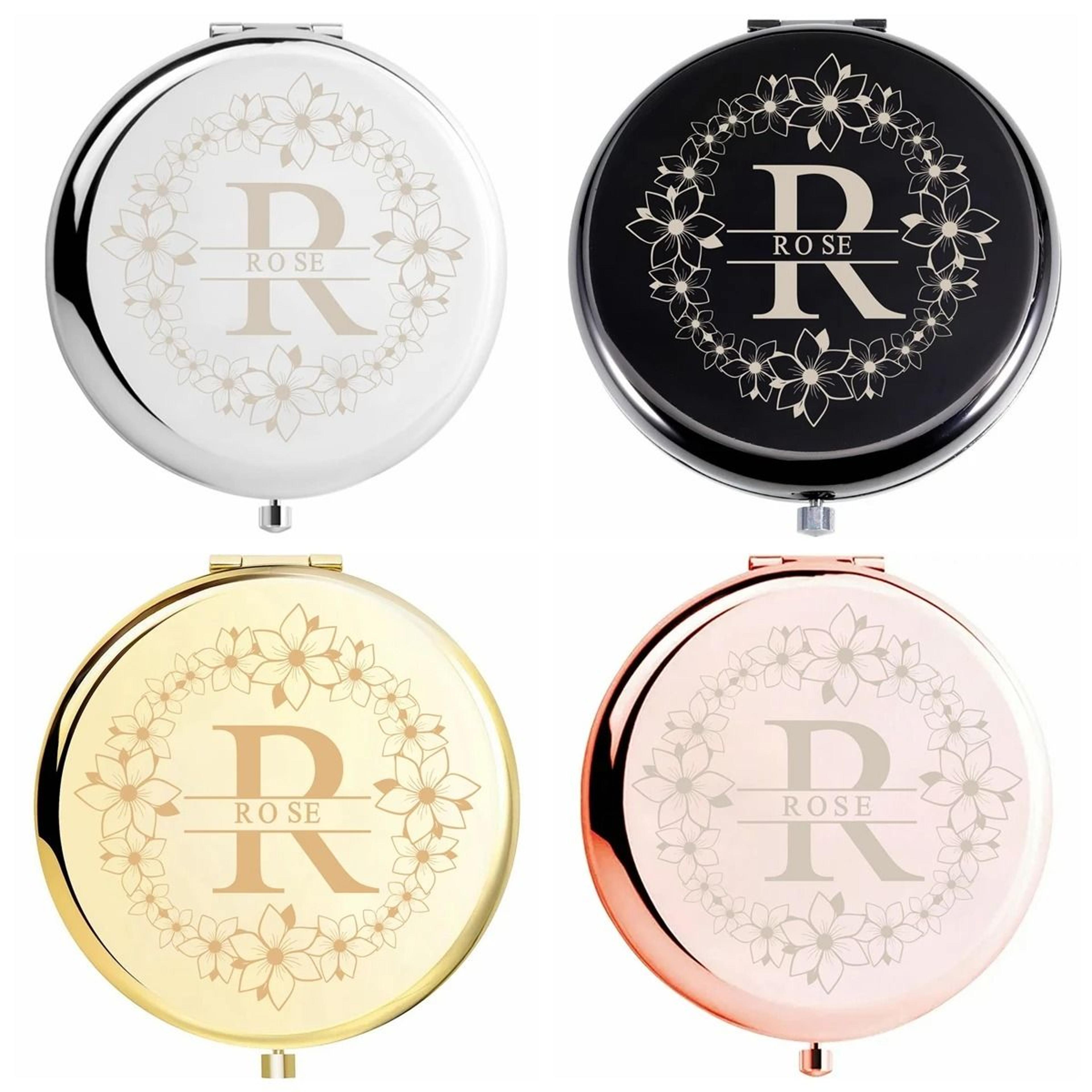 personalized floral wreath initial portable compact mirror with custom name engraving