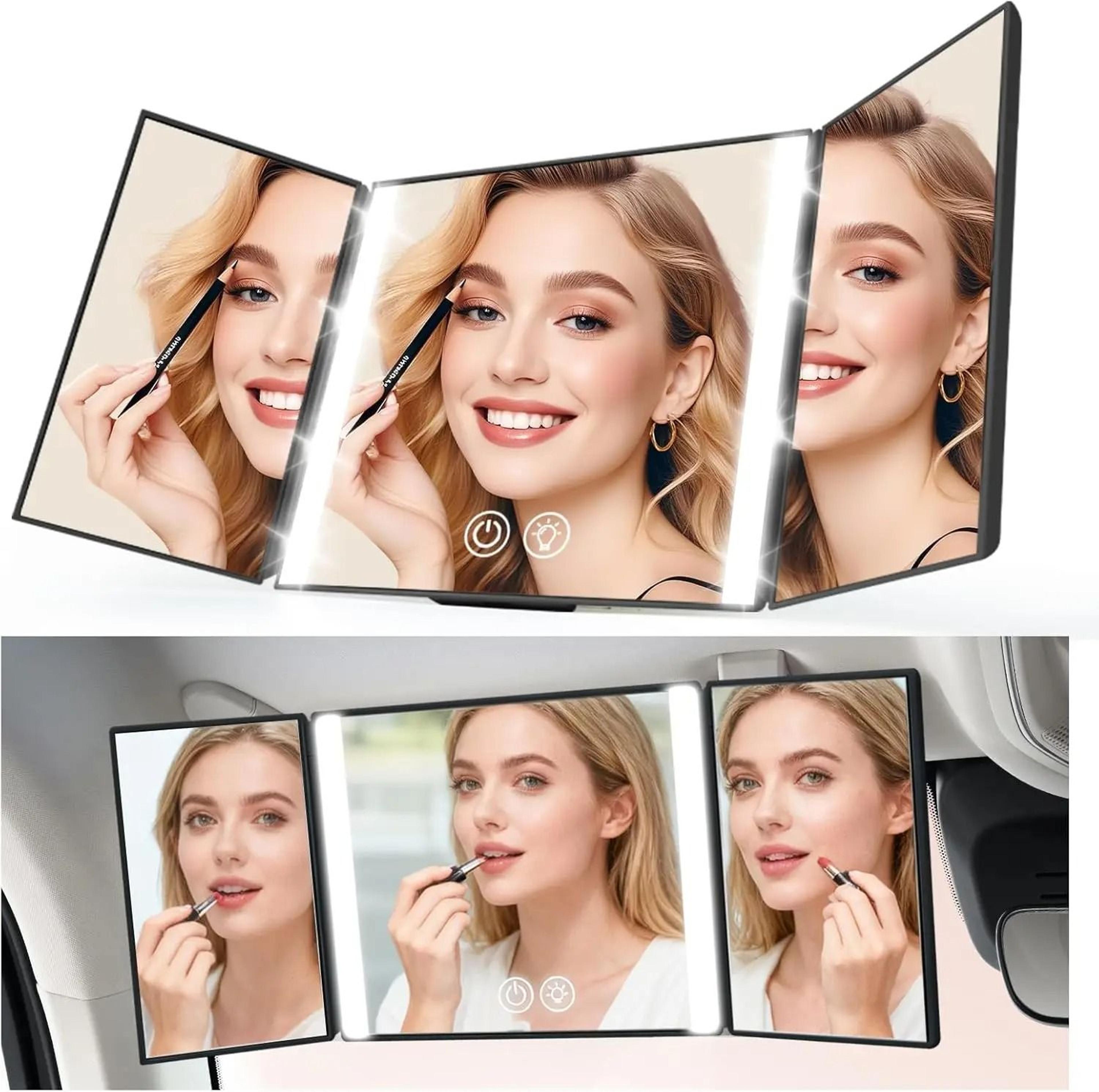 car makeup mirror with 3-way led lights & universal sun visor mount