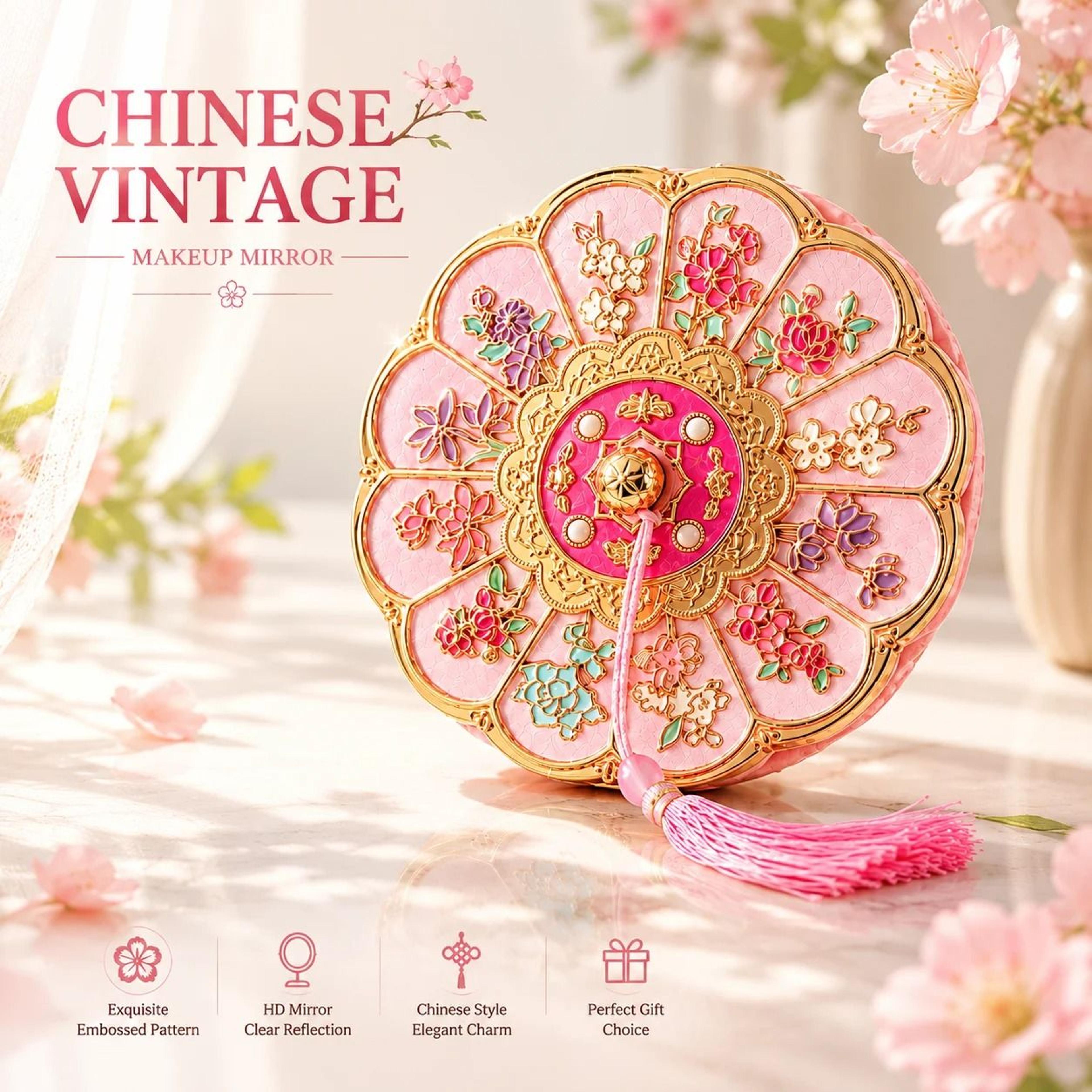 ancient-style chinese floral folding handheld & portable makeup mirror