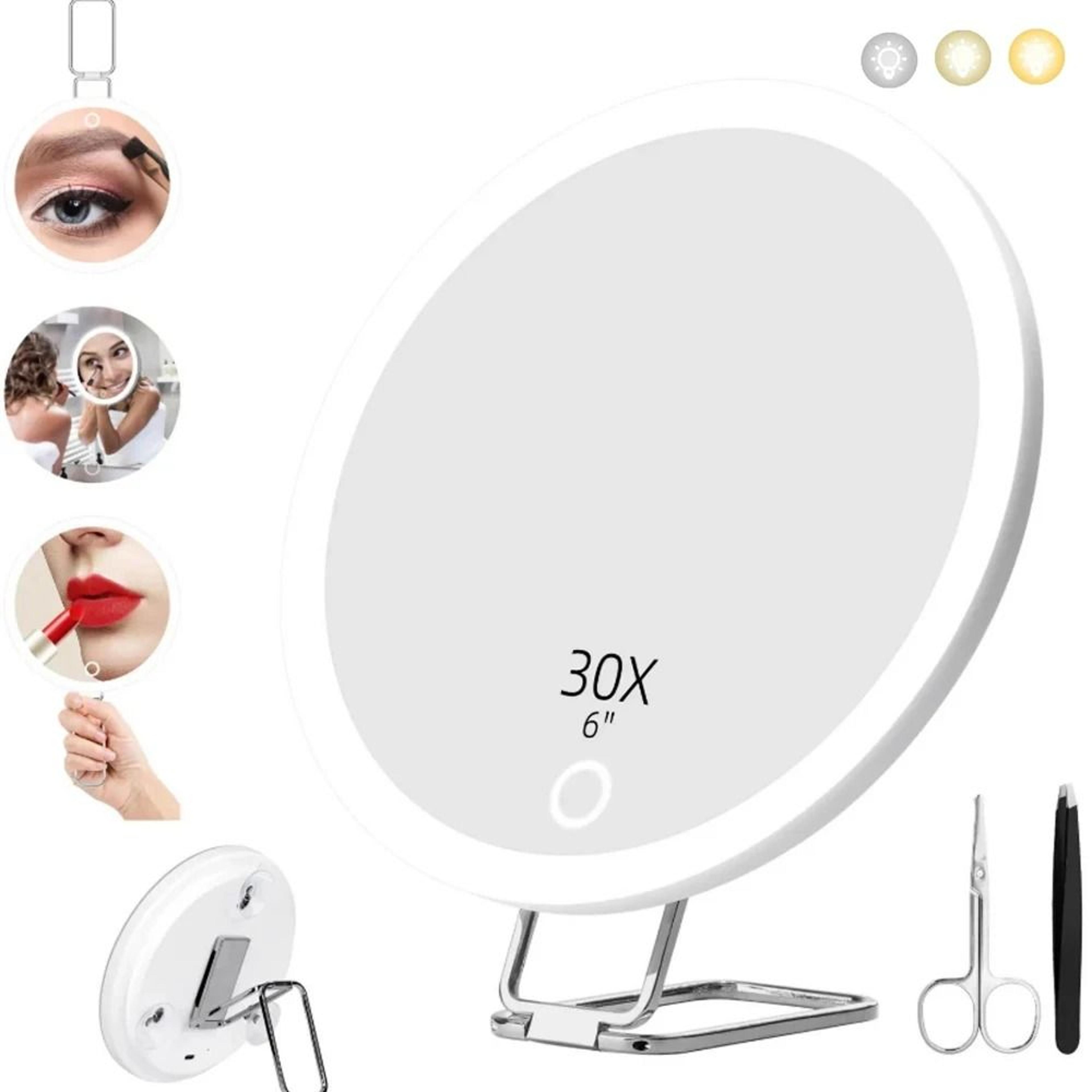 30x led-lit travel magnifying makeup mirror set with precision tweezers & scissors