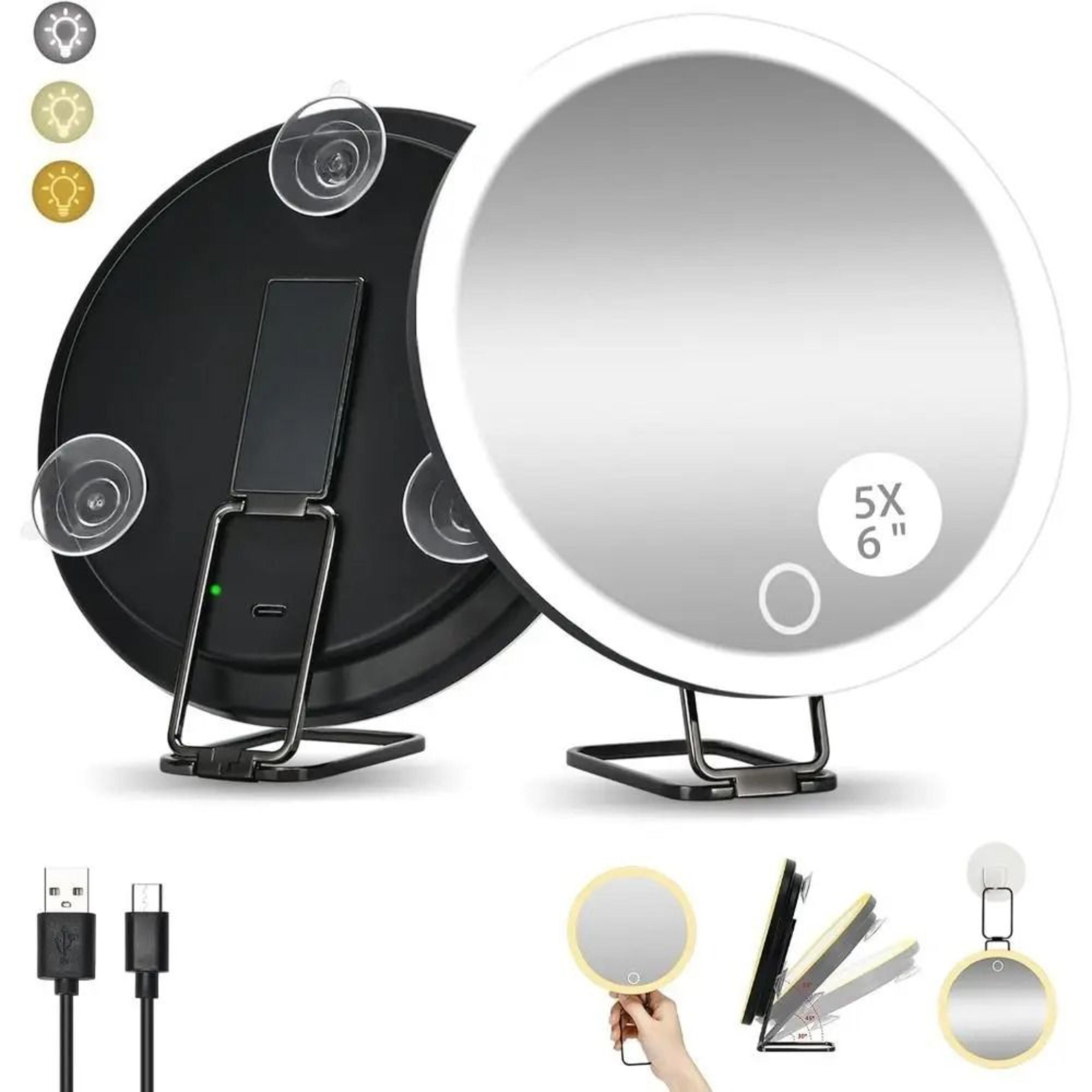 360° adjustable foldable led makeup mirror with 3-color light & wall mount