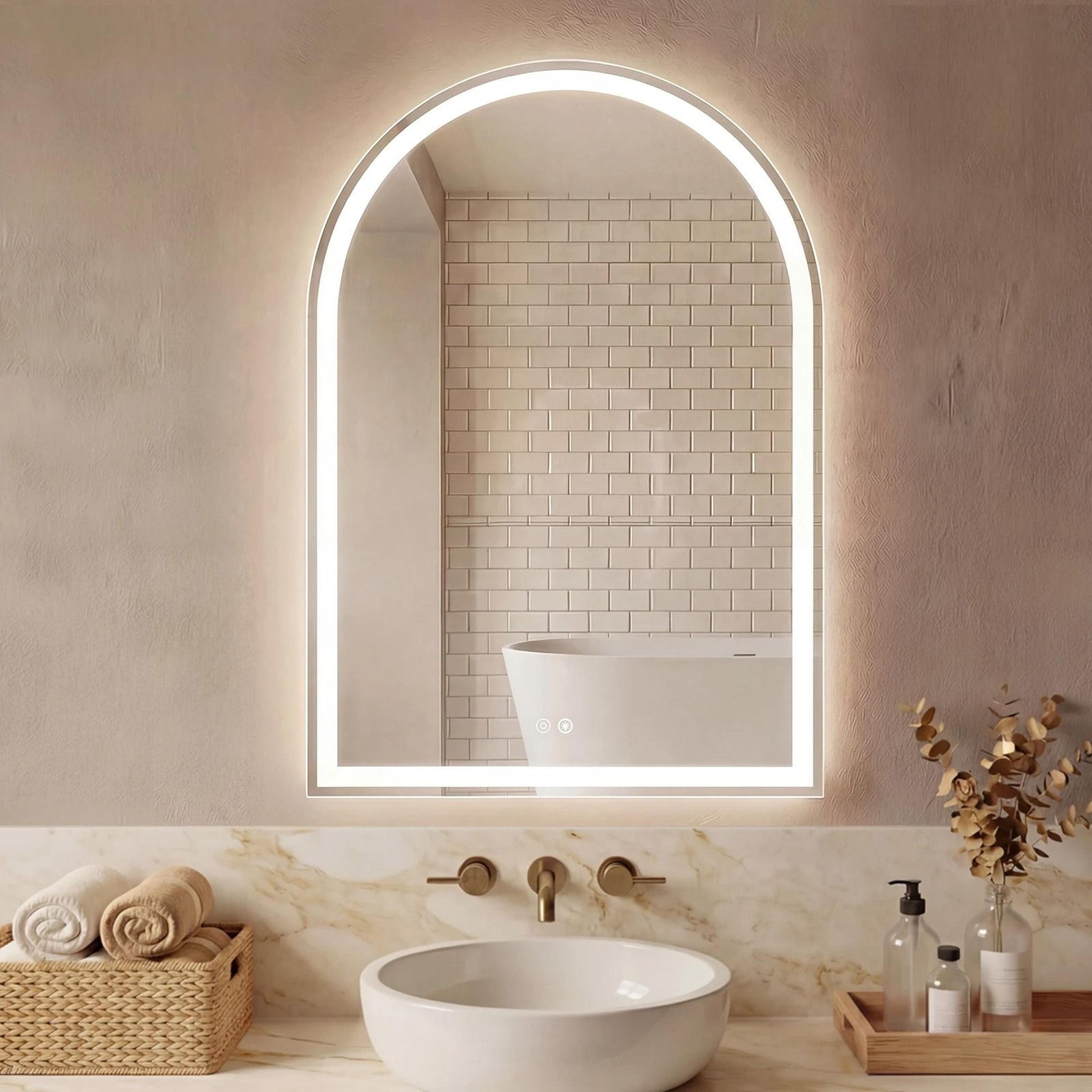 arched led backlit vanity wall mirror with 3-color touch memory & tempered glass