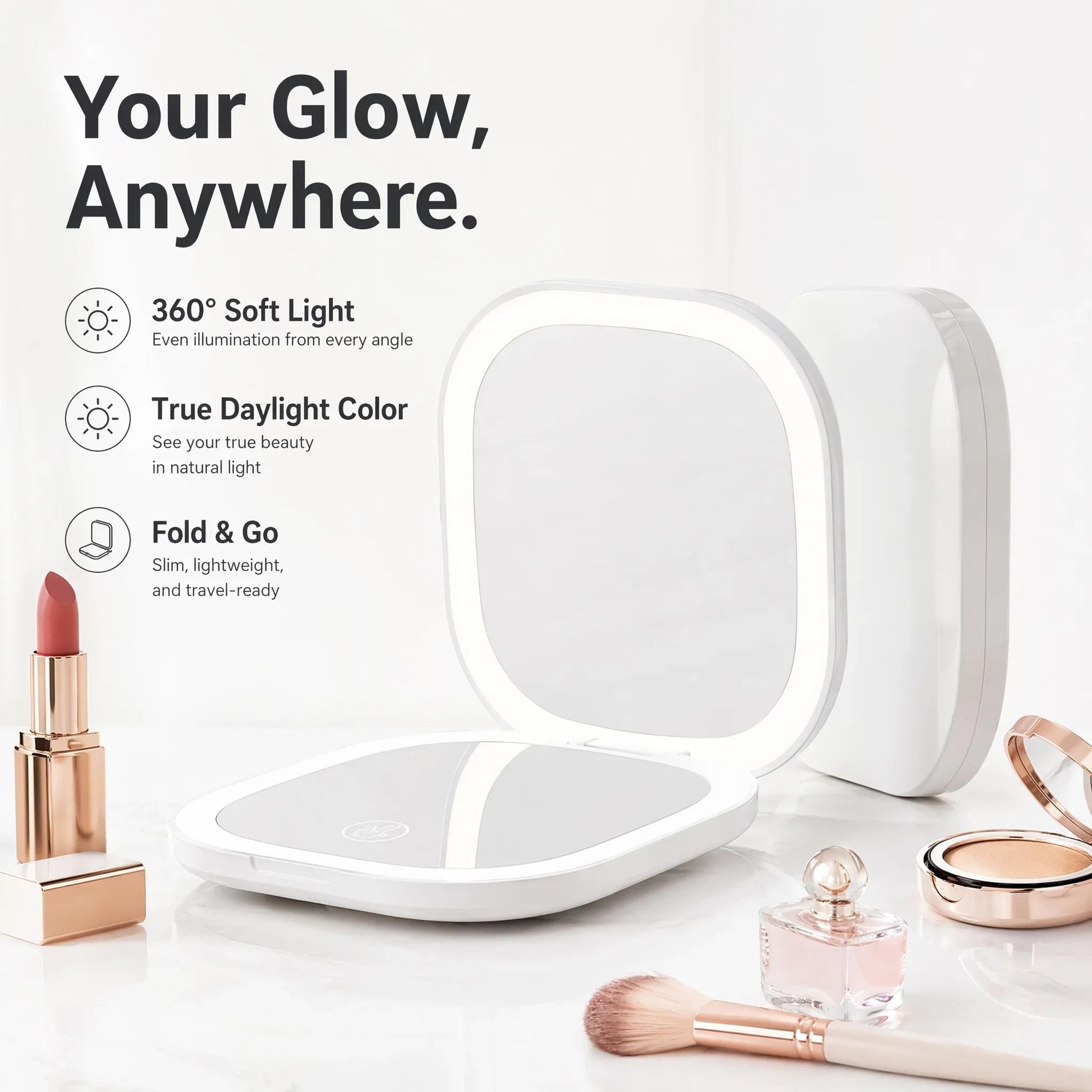 portable led travel makeup mirror with 1x/5x magnification & rechargeable fill light